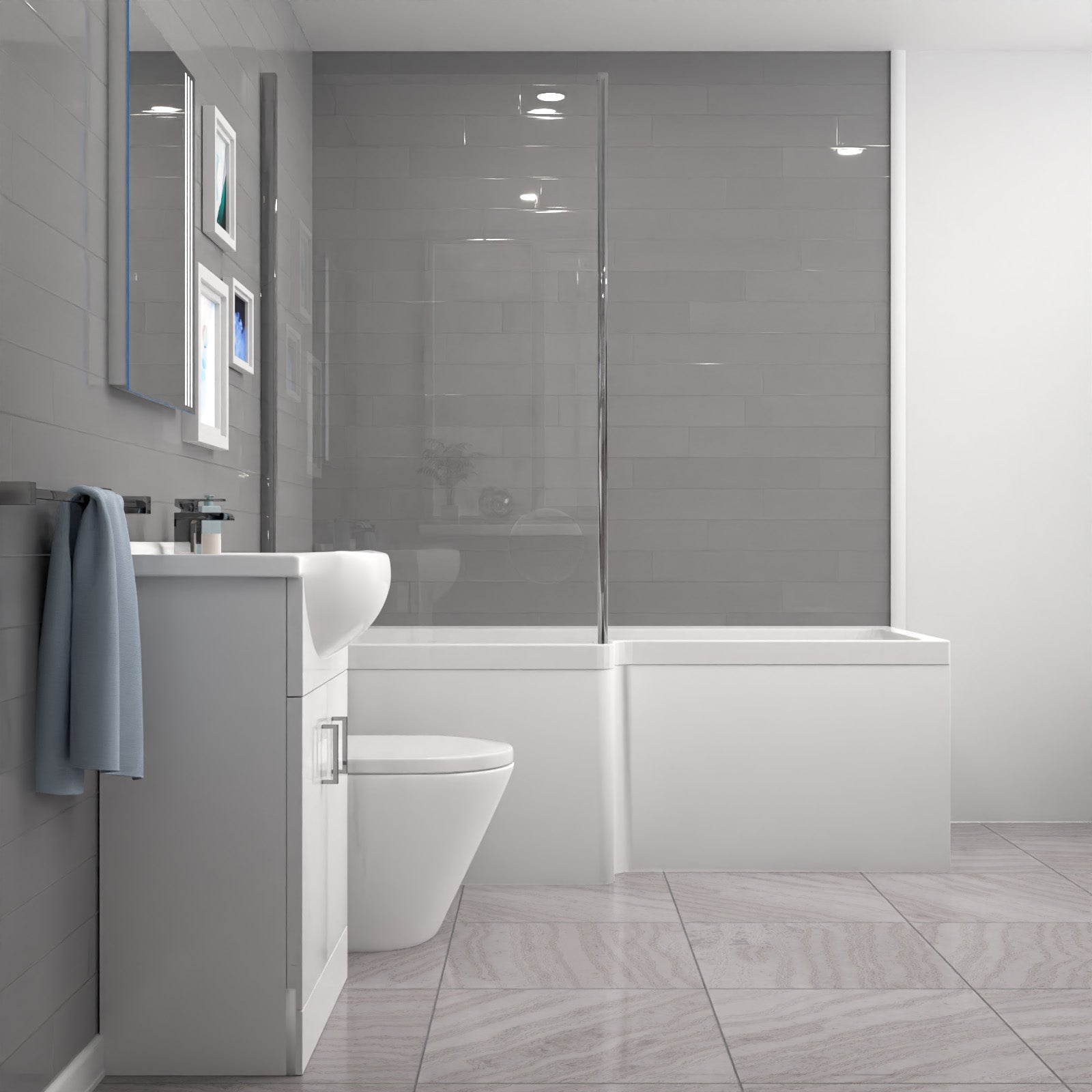 Ellen L-Shaped Shower Bath with Vanity Unit & Toilet