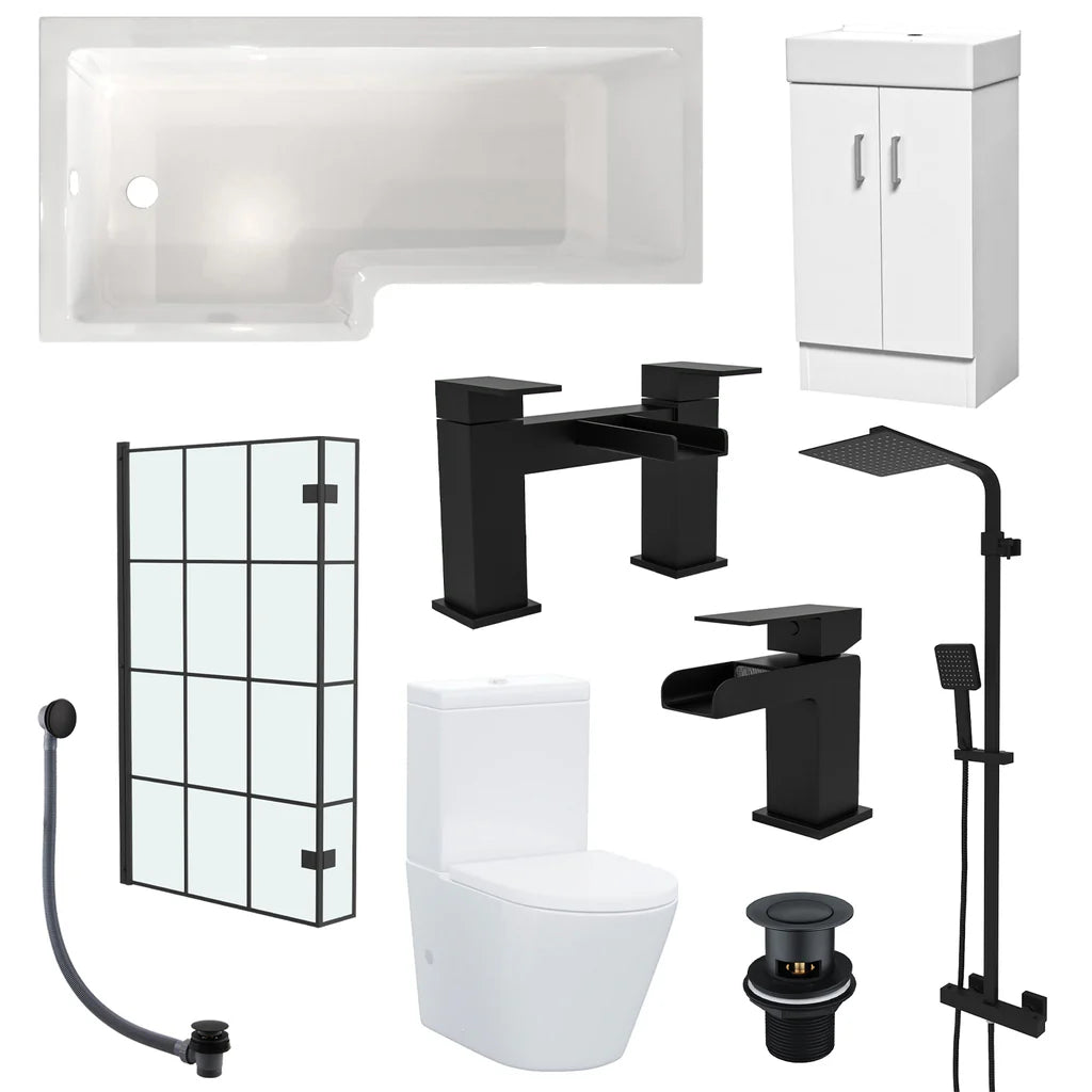 Nanuya L-Shaped LH Shower Bath Basin White 450mm Vanity Toilet Matte Black Taps Set