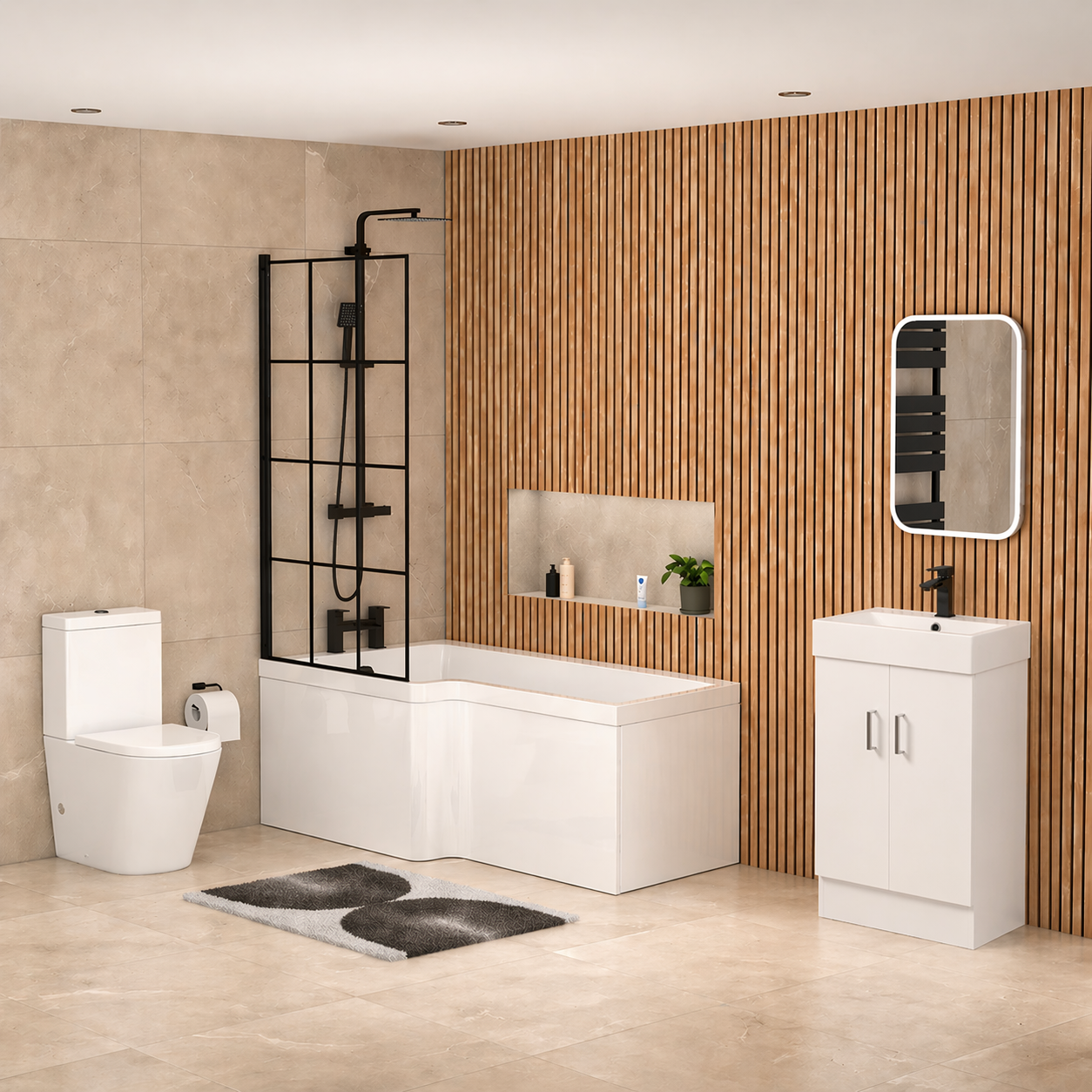 Nanuya L-Shaped LH Shower Bath Basin White 450mm Vanity Toilet Matte Black Taps Set