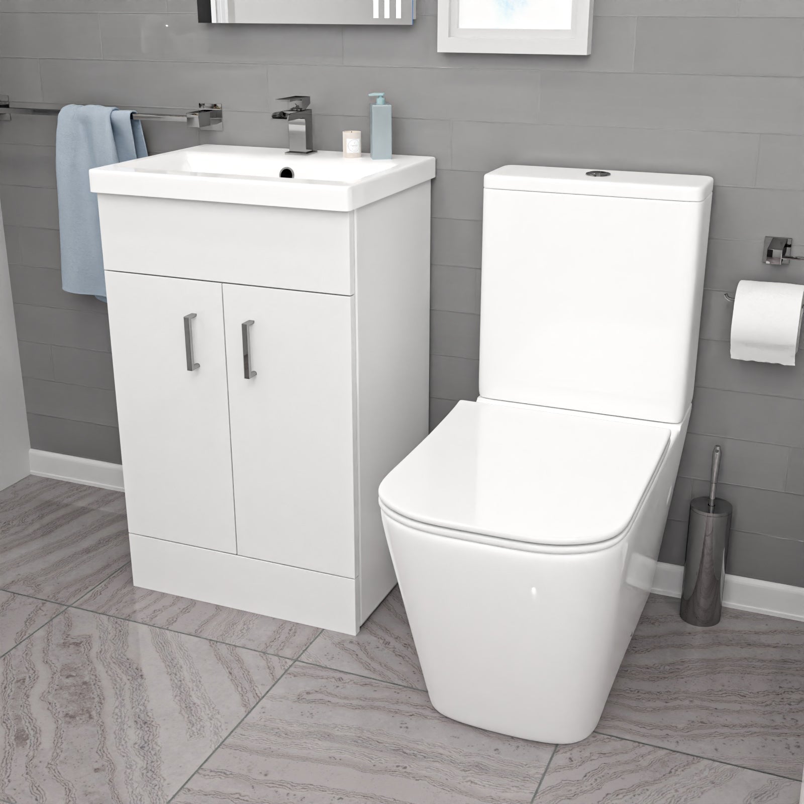 Nanuya L-Shaped Shower Bath with Vanity Unit & Toilet, Taps & Shower Suite