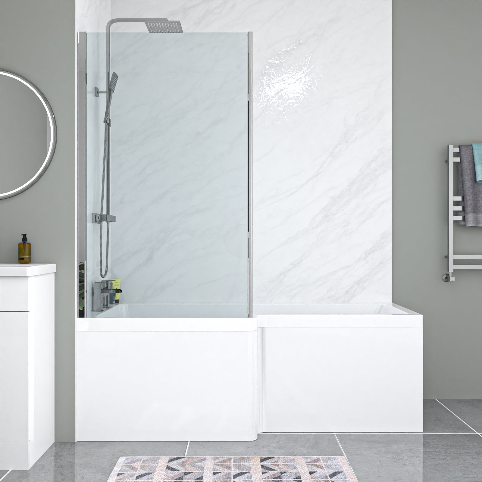 Bathroom with a shower enclosure, sink, and towel rack.
