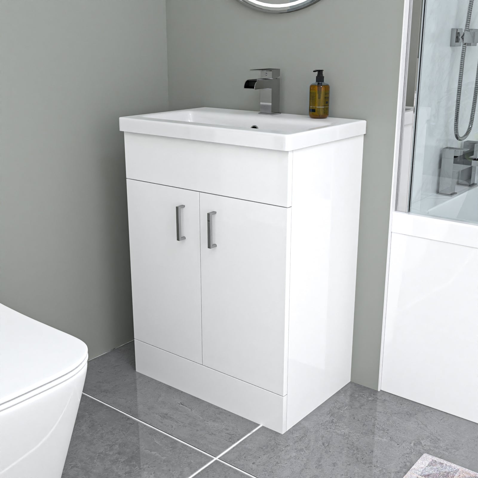 Bathroom vanity with sink and mirror in a modern bathroom setting