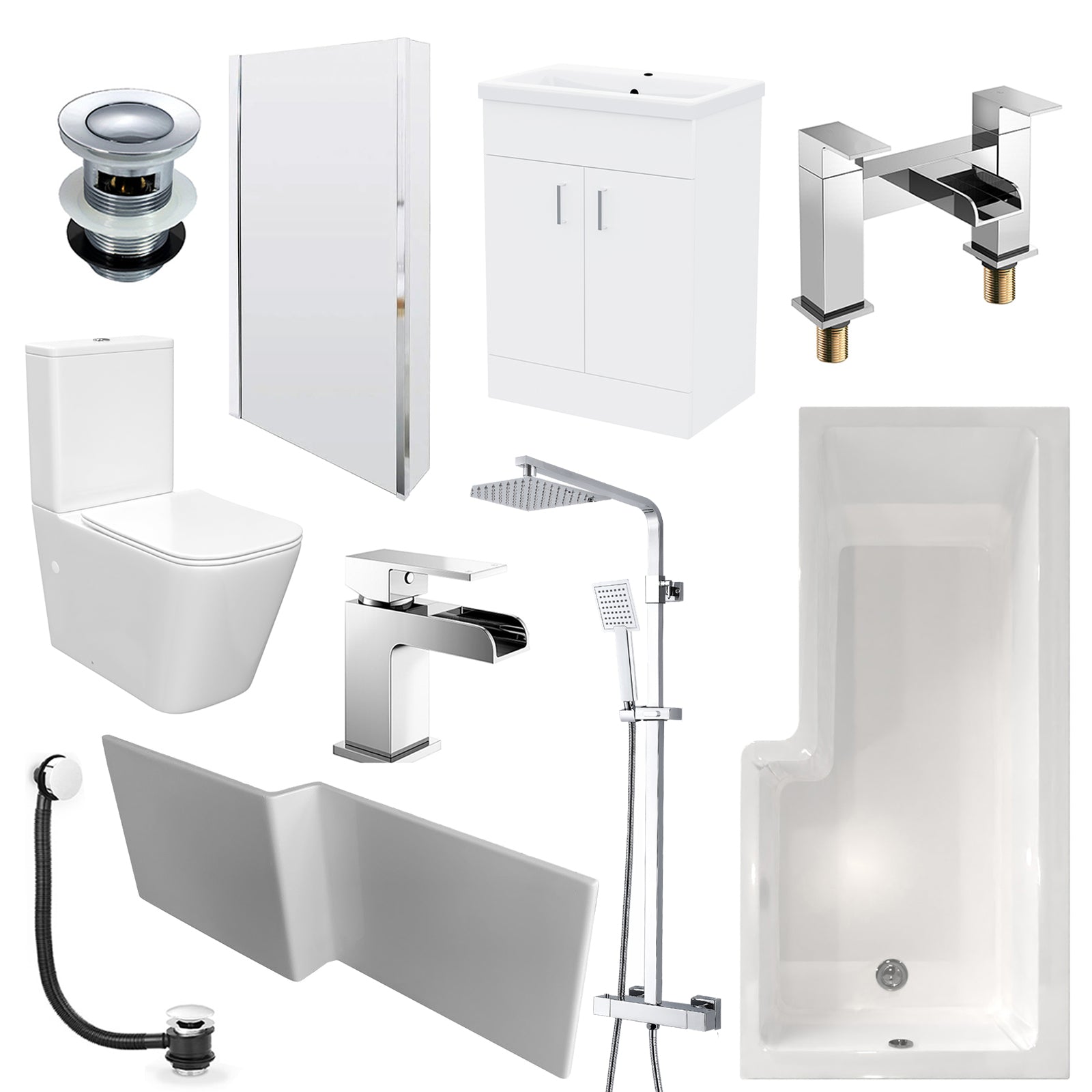 Nanuya L-Shaped LH Bath Front Panel White Basin Vanity Toilet Tap & Shower Set