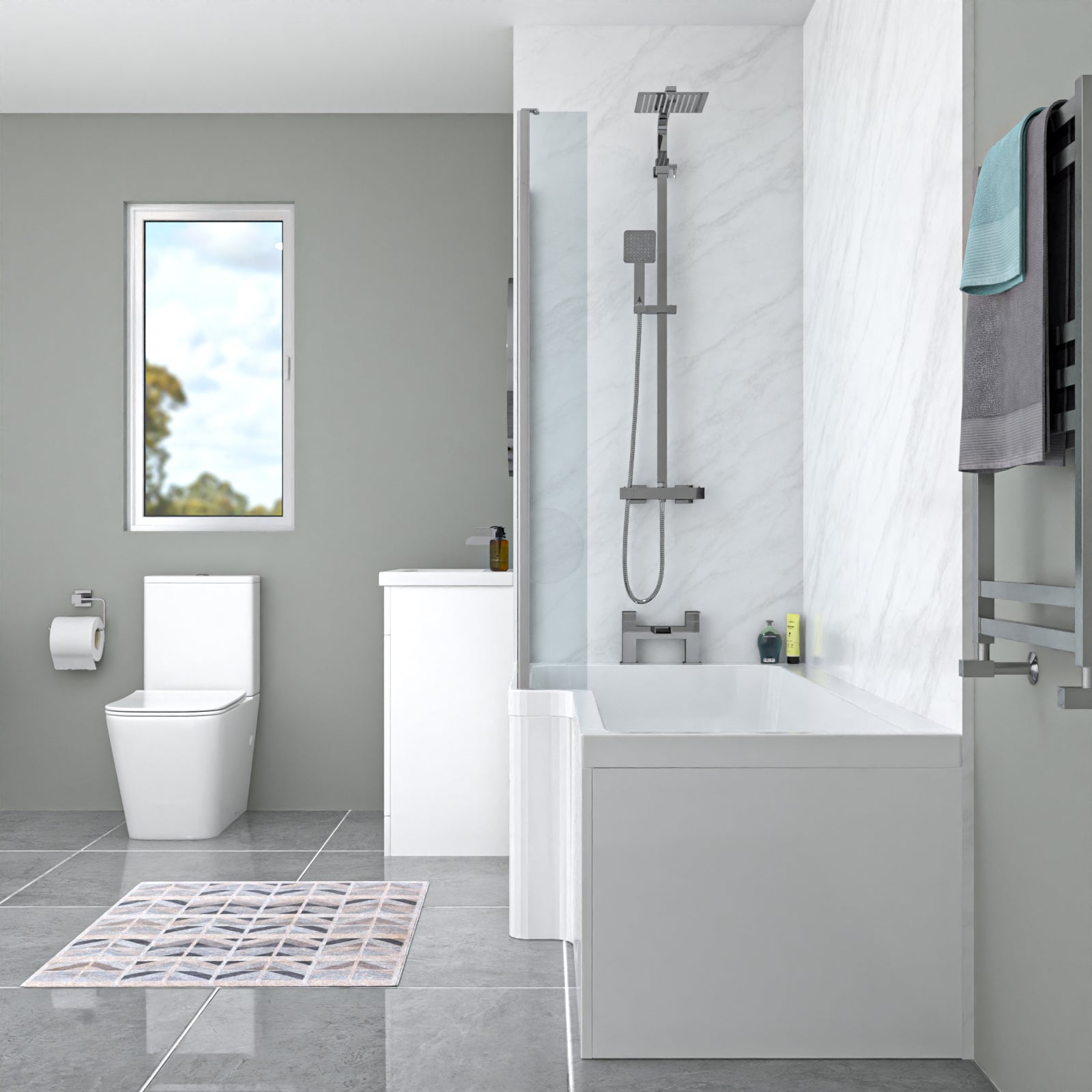 Nanuya L-Shaped LH Bath Front Panel White Basin Vanity Toilet Tap & Shower Set