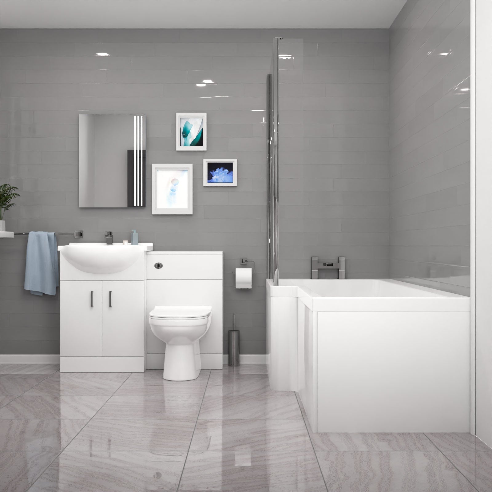 Ellen L-Shaped Shower Bath with Vanity Unit, WC Unit & Toilet