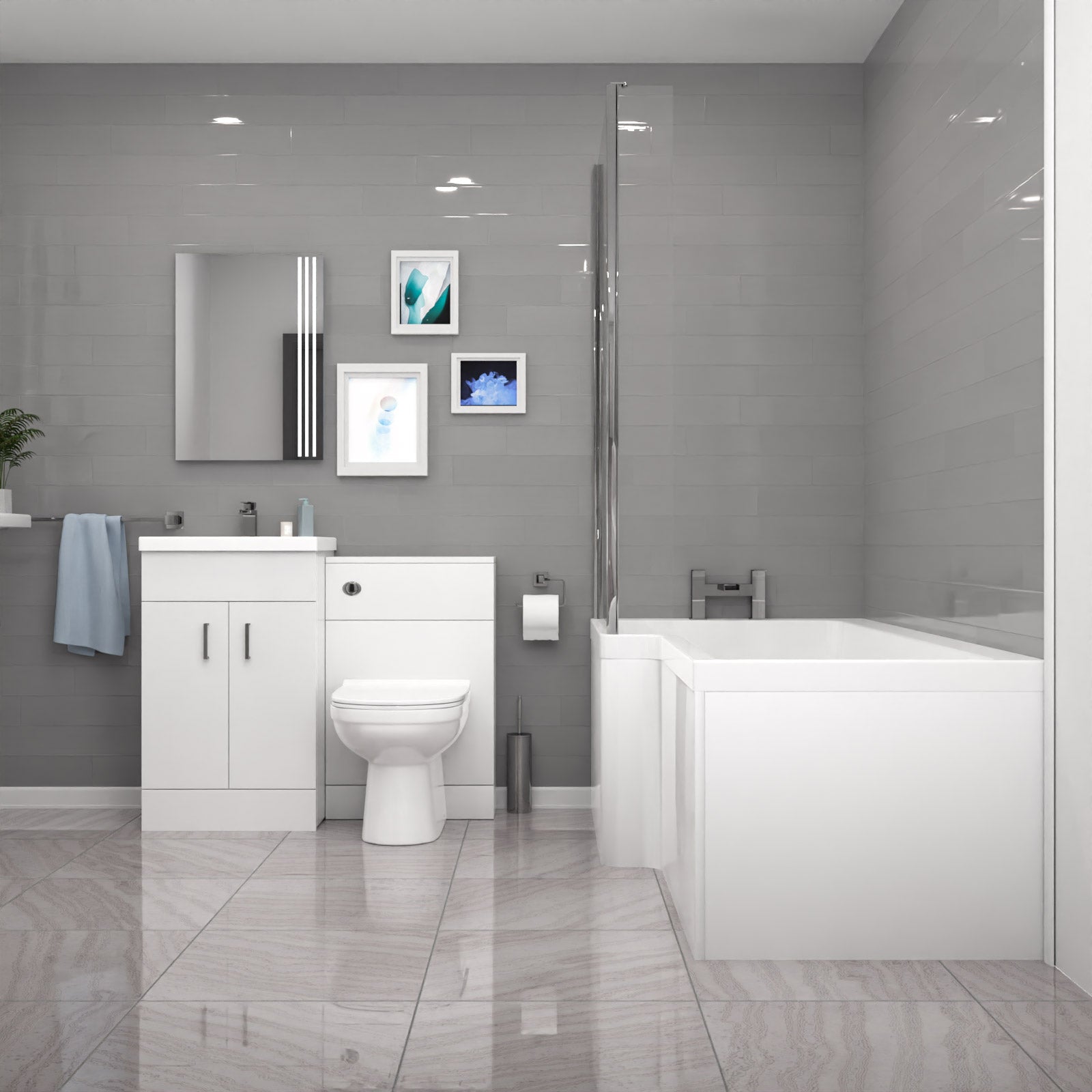 Nanuya L-Shaped LH Shower Bath Floor Standing White Basin Vanity BTW Toilet