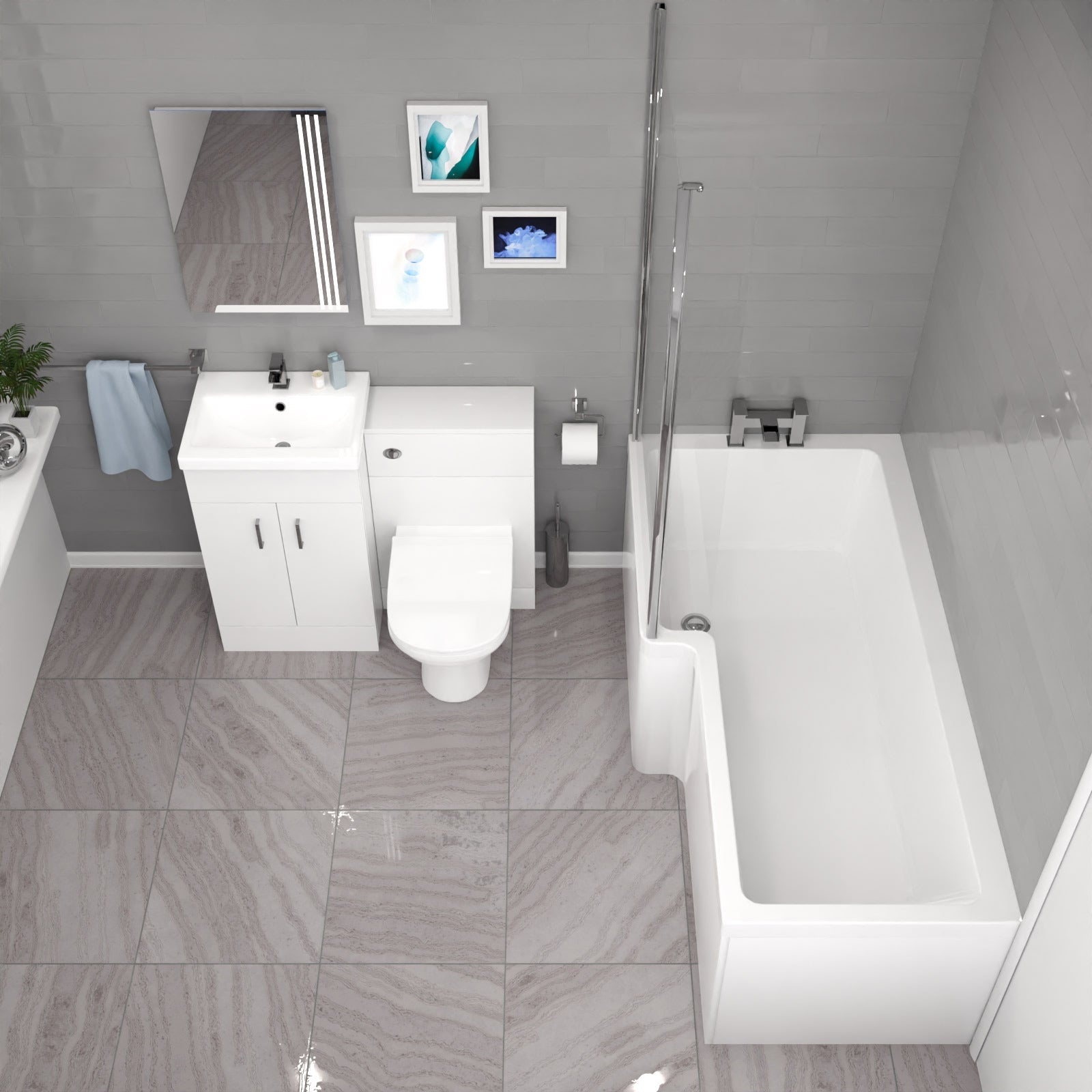 Nanuya L-Shaped LH Shower Bath Floor Standing White Basin Vanity BTW Toilet