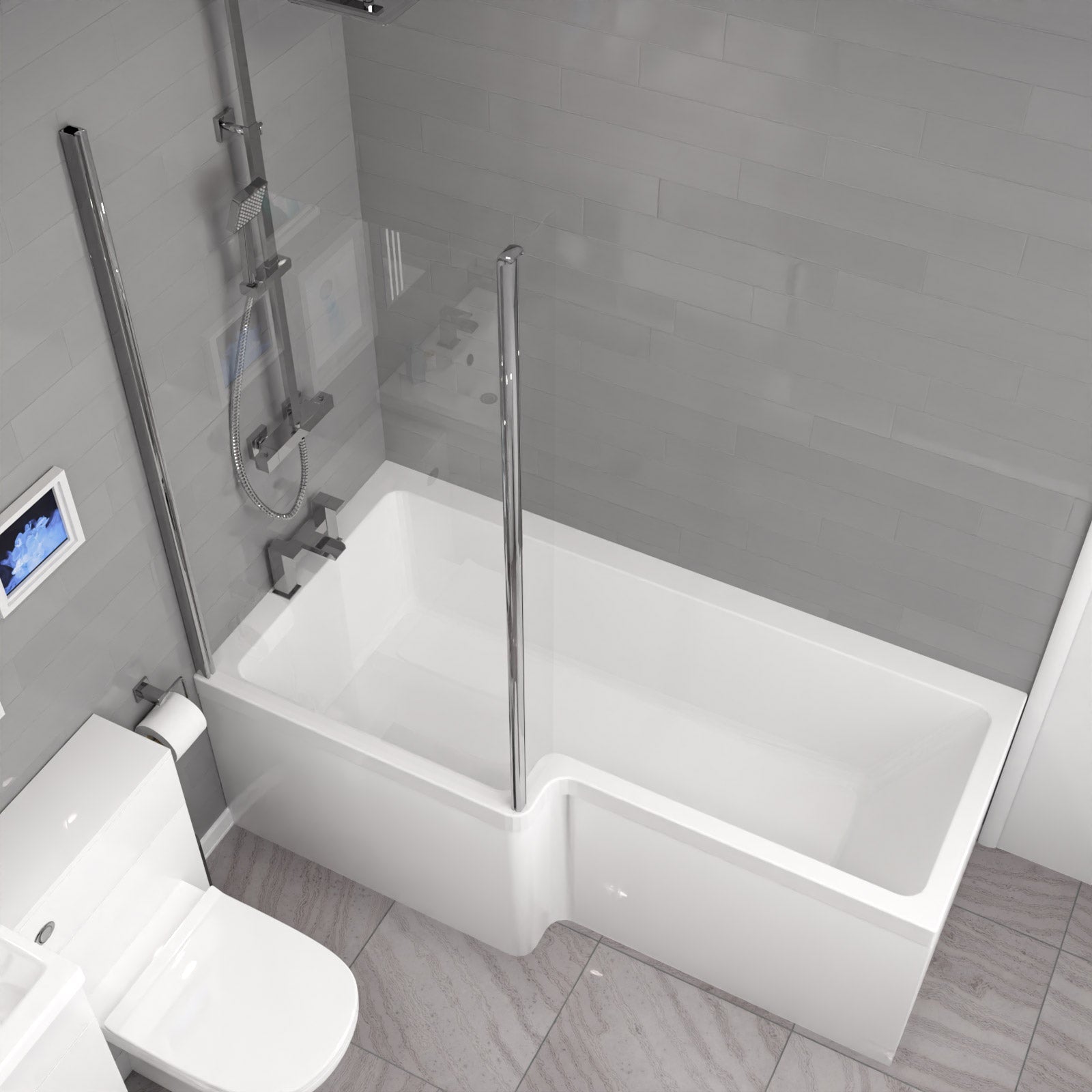 Nanuya L-Shaped Shower Bath with Vanity Unit & Toilet, Taps & Shower