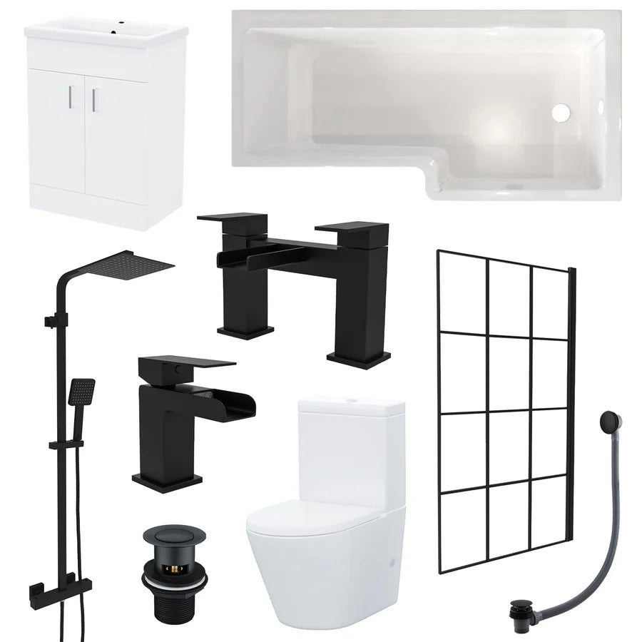 Nanuya L-Shaped RH Shower Bath Basin Vanity Toilet Set Matte Black Taps