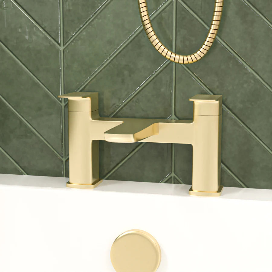 Nanuya L-Shaped RH Shower Bath Basin Vanity Toilet Set Brushed Brass Taps