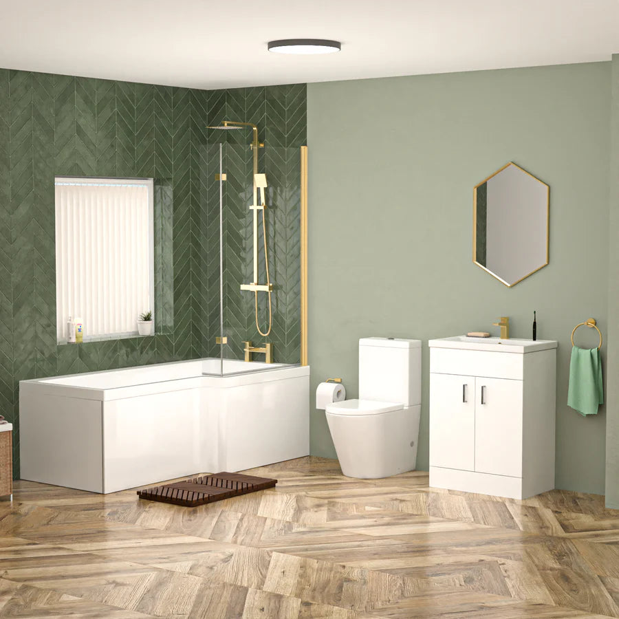 Nanuya L-Shaped RH Shower Bath Basin Vanity Toilet Set Brushed Brass Taps