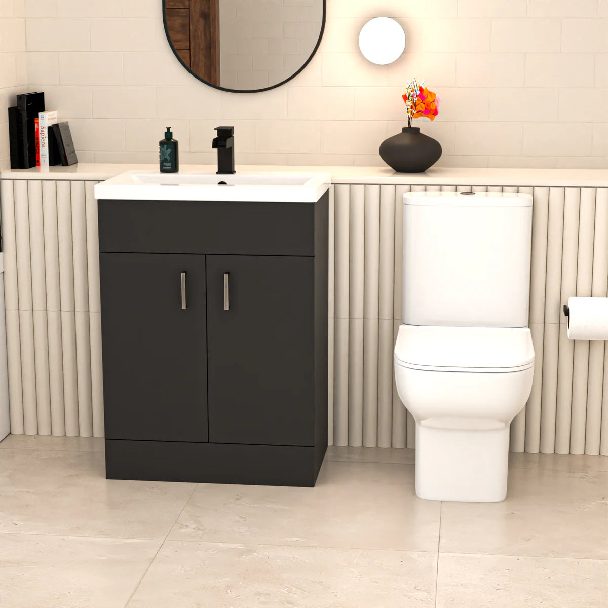 Nanuya L-Shaped RH Bath Shower Dark Grey Basin Vanity Toilet Matte Black Taps