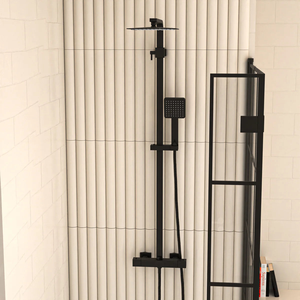 Nanuya L-Shaped RH Bath Shower Dark Grey Basin Vanity Toilet Matte Black Taps