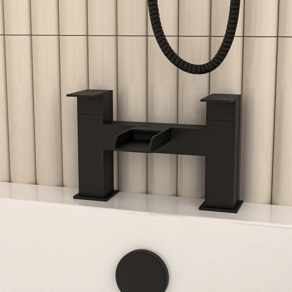 Nanuya L-Shaped RH Bath Shower Dark Grey Basin Vanity Toilet Matte Black Taps