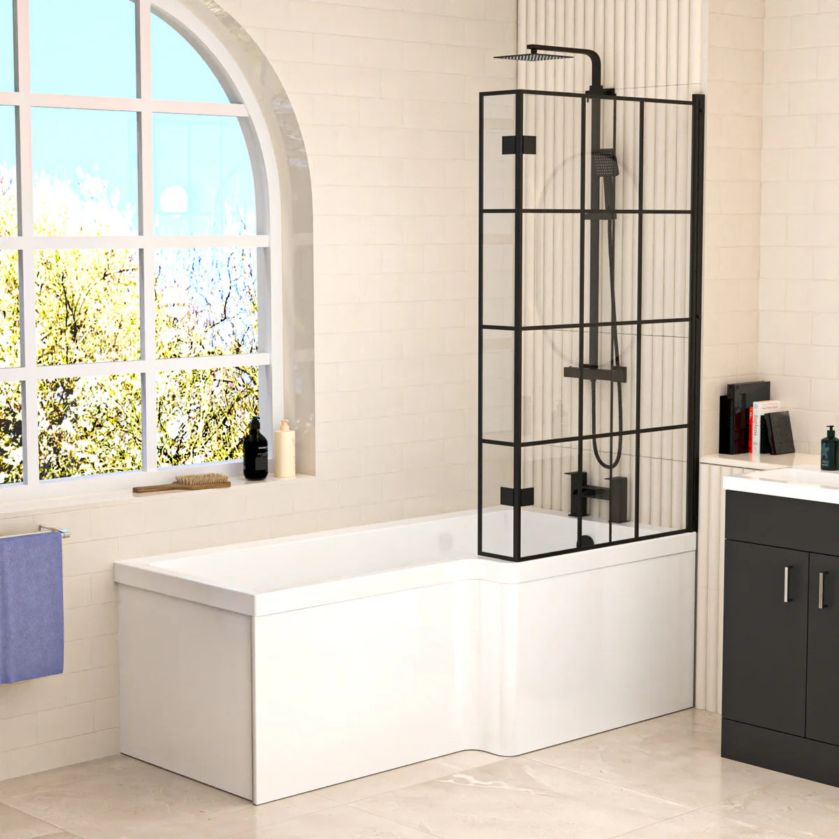Nanuya L-Shaped RH Bath Shower Anthracite Basin Vanity Toilet Matte Black Taps