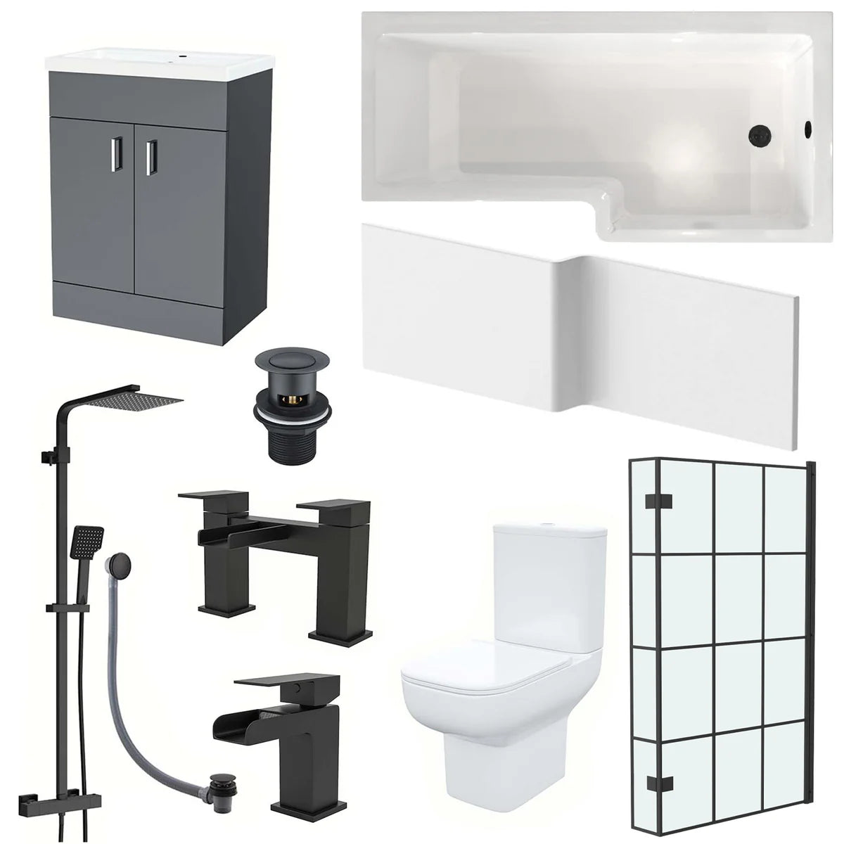 Nanuya L-Shaped RH Bath Shower Dark Grey Basin Vanity Toilet Matte Black Taps