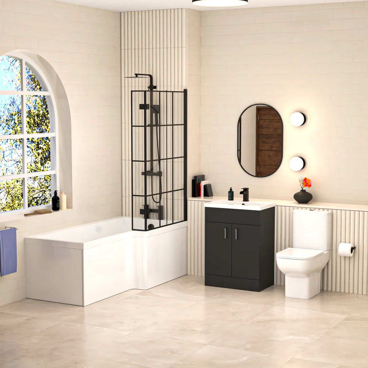 Nanuya L-Shaped RH Bath Shower Anthracite Basin Vanity Toilet Matte Black Taps