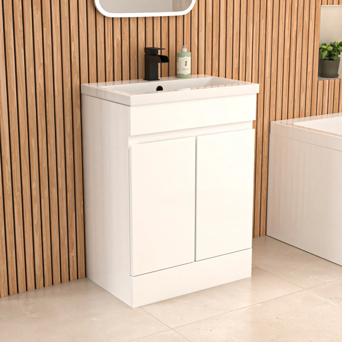 Alaska L-Shaped RH Bath Shower White Doors Vanity Toilet Matte Black Taps