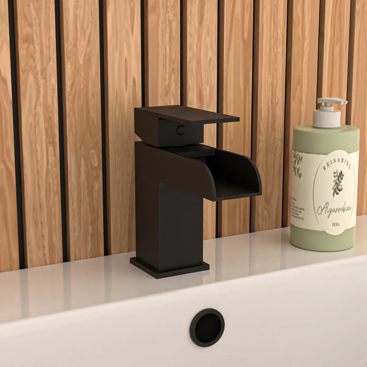 Alaska L-Shaped RH Bath Shower White Doors Vanity Toilet Matte Black Taps