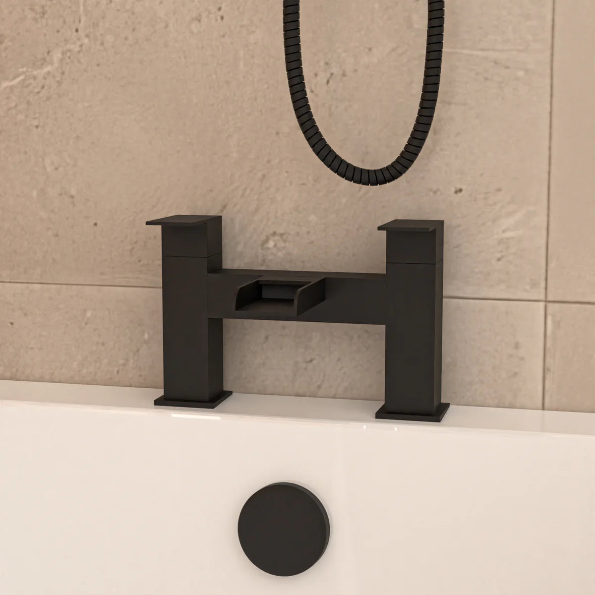Alaska L-Shaped RH Bath Shower White Doors Vanity Toilet Matte Black Taps