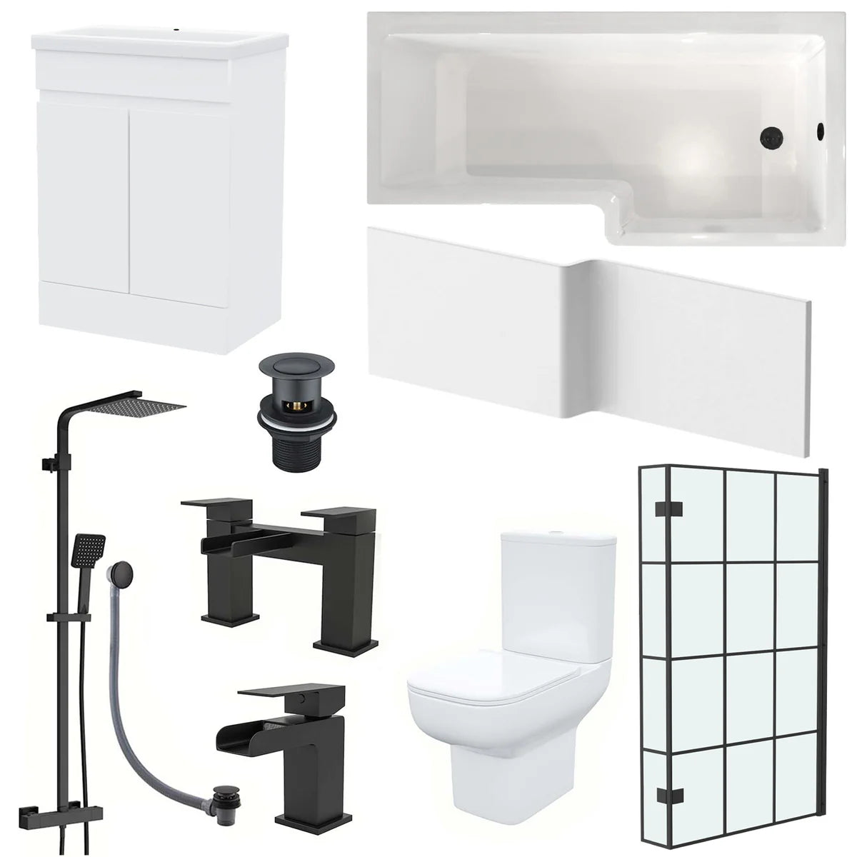 Alaska L-Shaped RH Bath Shower White Doors Vanity Toilet Matte Black Taps