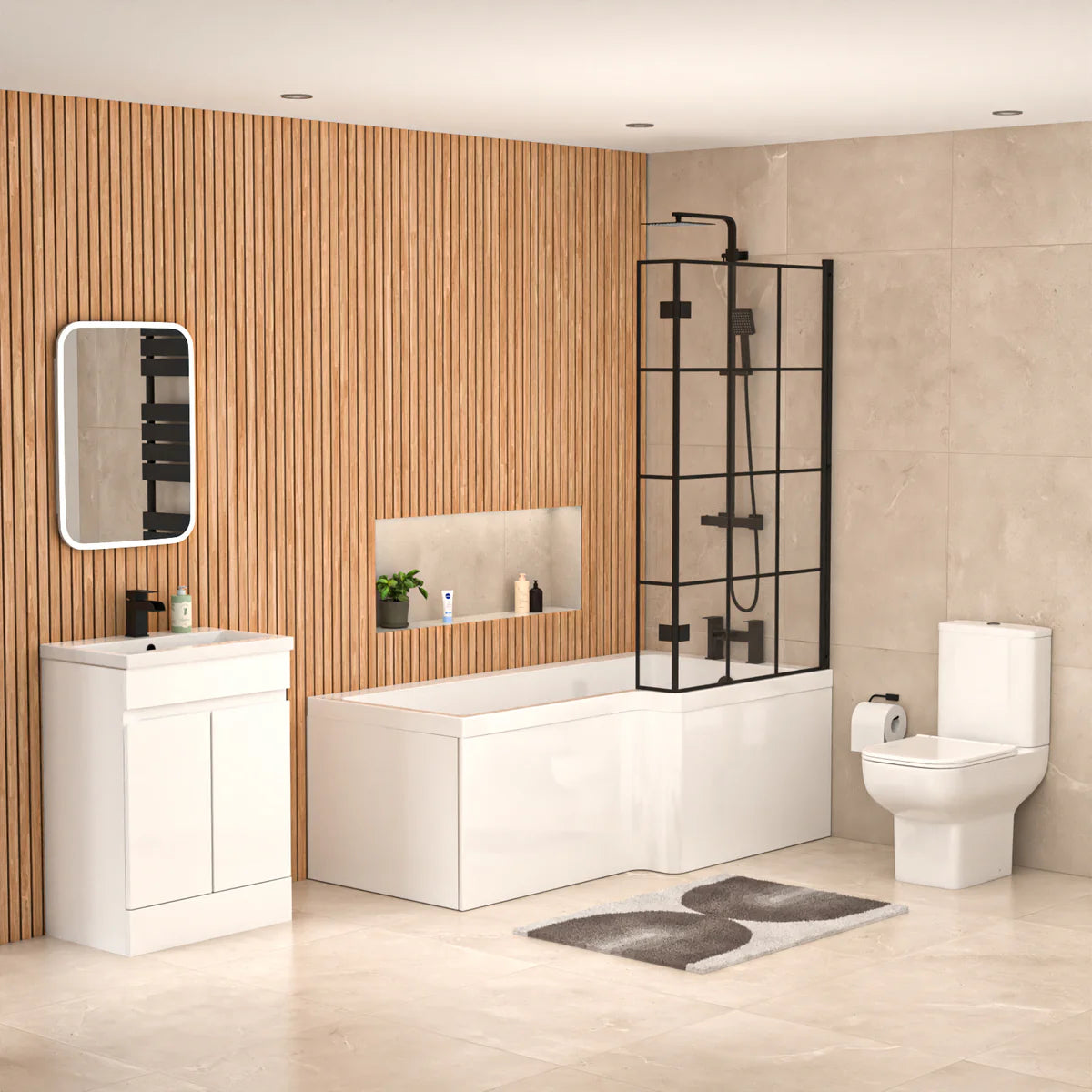 Alaska L-Shaped RH Bath Shower White Doors Vanity Toilet Matte Black Taps