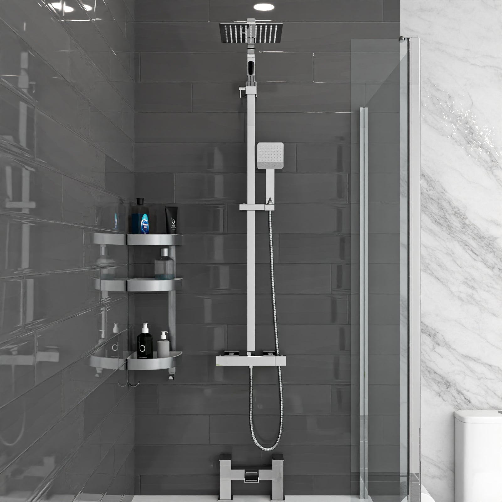 Nanuya White L-Shaped RH Shower Bath & Basin BTW Toilet Vanity With Taps