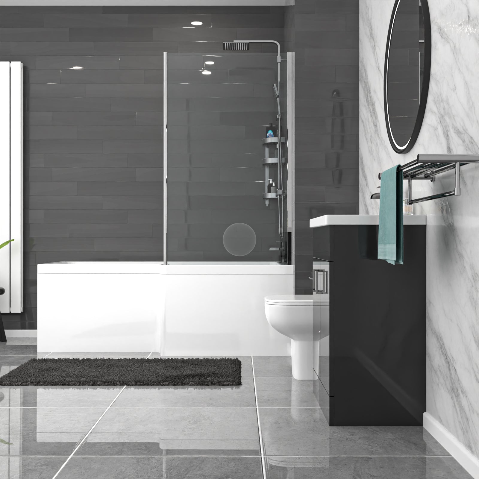 Nanuya White L-Shaped RH Shower Bath & Basin BTW Toilet Vanity With Taps