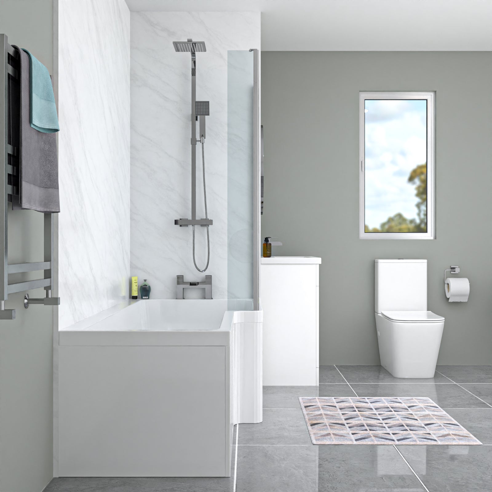 Nanuya L-Shaped Shower Bath with Vanity Unit & Toilet, Taps & Shower Suite