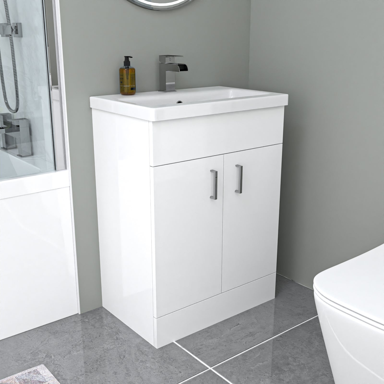 Nanuya L-Shaped Shower Bath with Vanity Unit & Toilet, Taps & Shower Suite