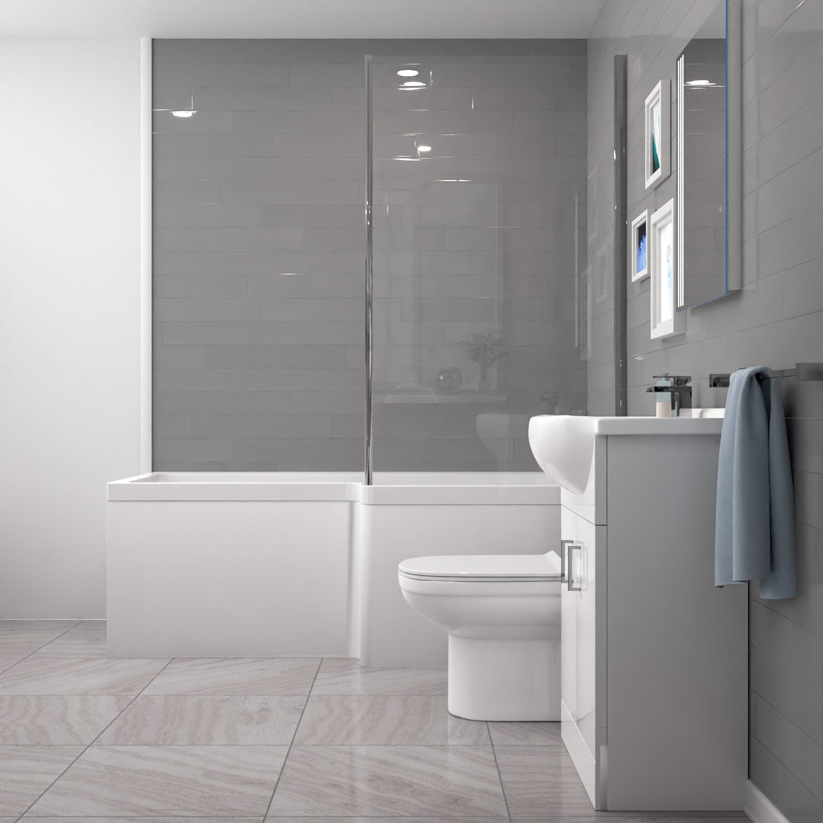 Ellen L-Shaped Shower Bath with Vanity Unit, WC Unit & Toilet