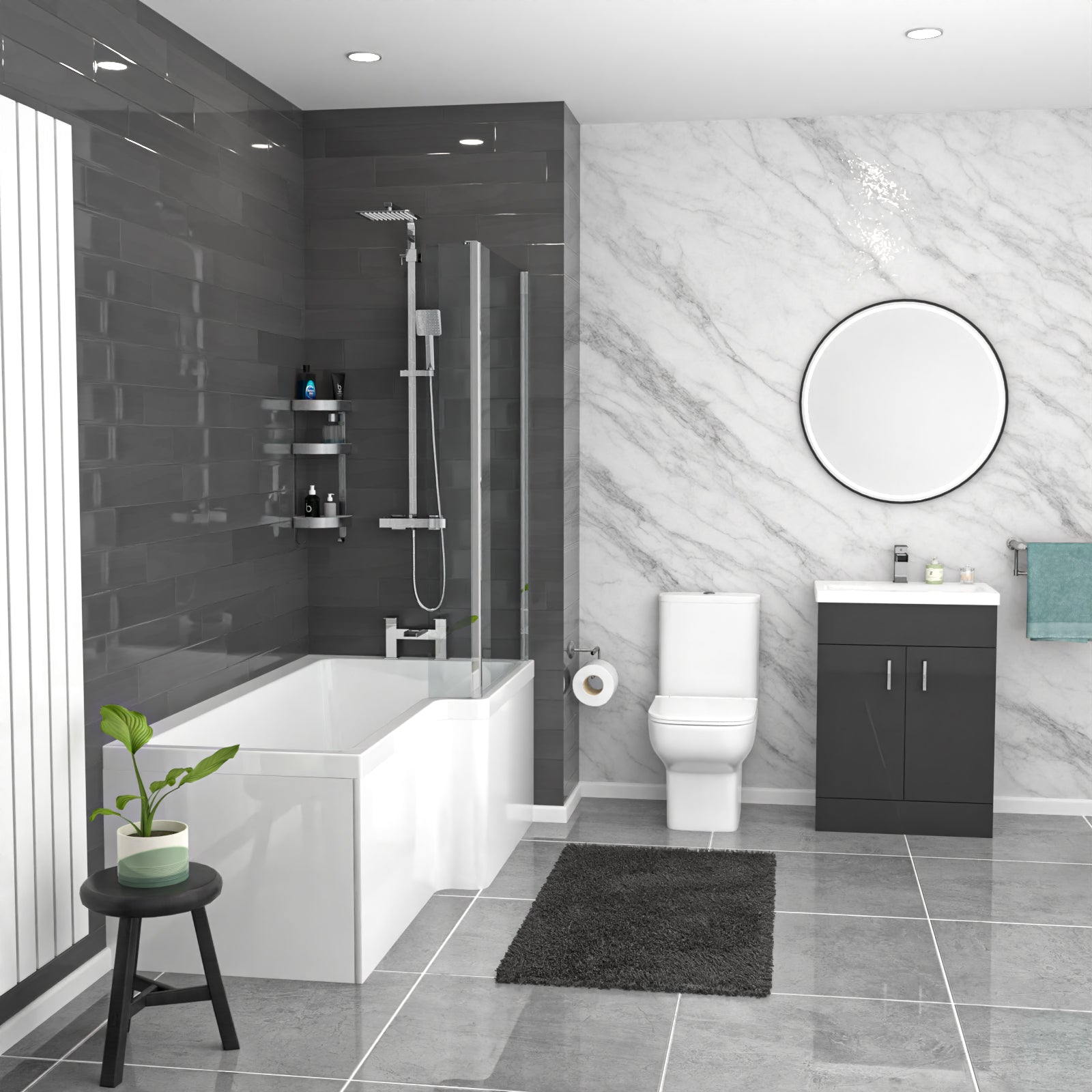 Nanuya White L-Shaped RH Shower Bath & Basin BTW Toilet Vanity With Taps