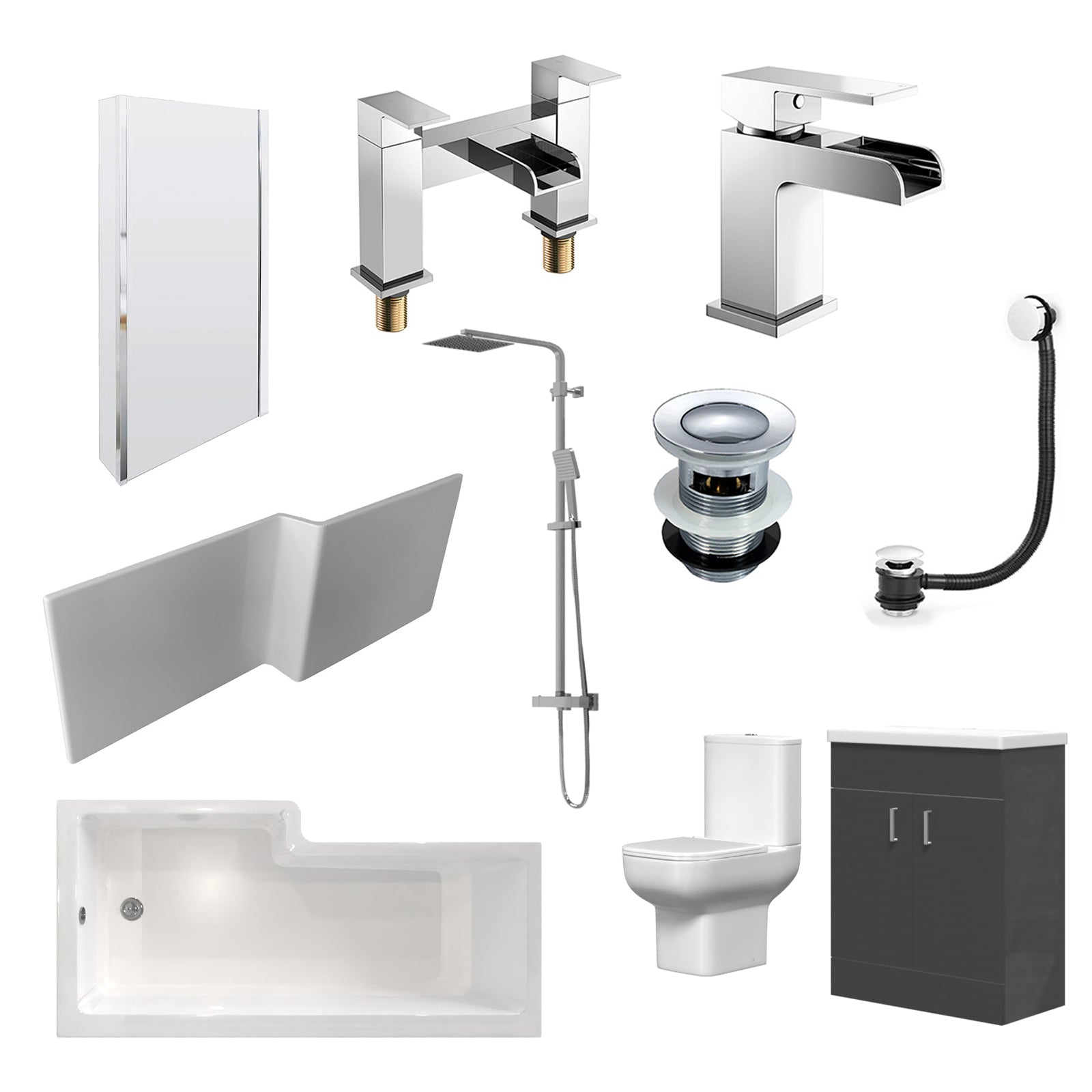 Nanuya White L-Shaped RH Shower Bath & Basin BTW Toilet Vanity With Taps