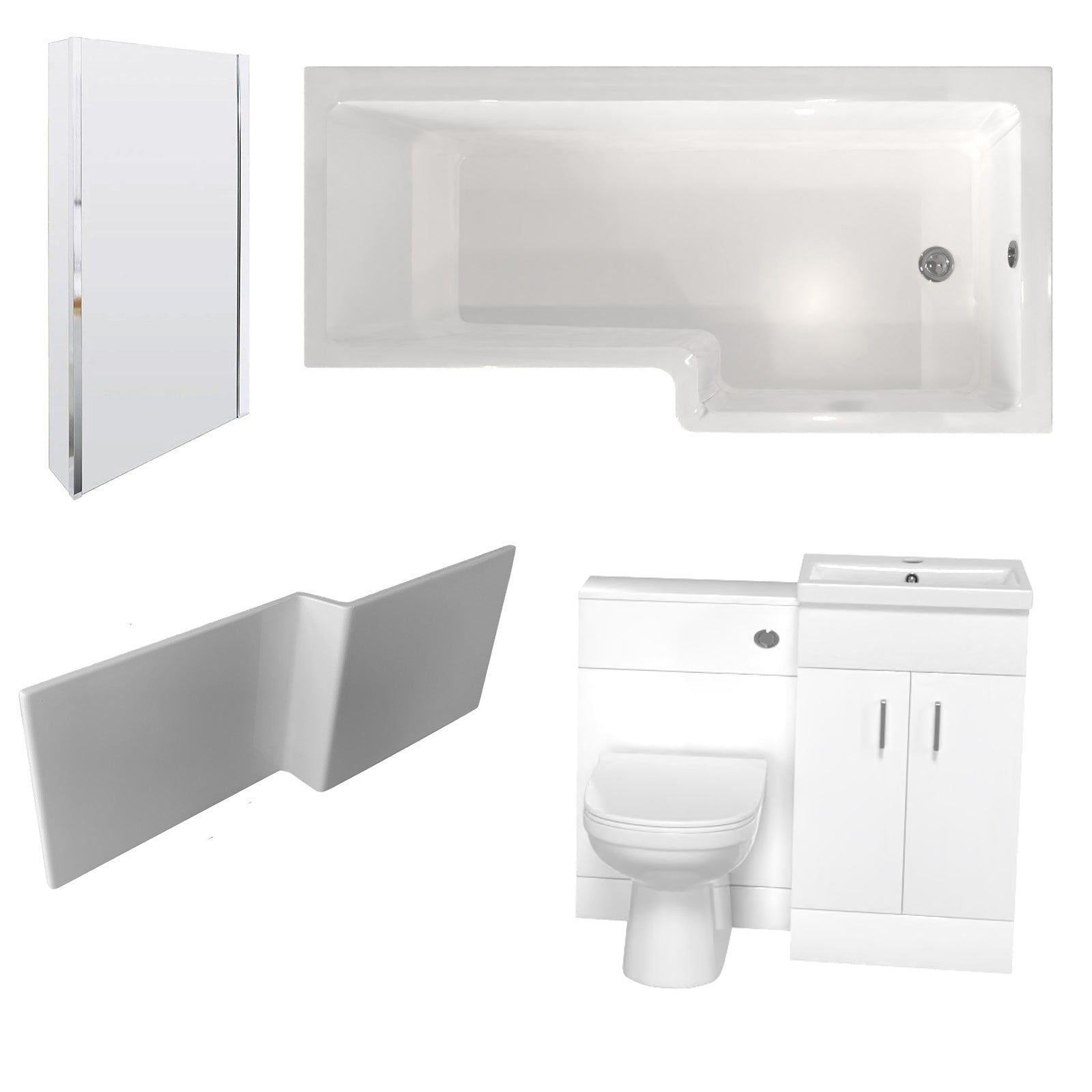 Nanuya L-Shaped RH Shower Bath Floor Standing White Basin Vanity BTW Toilet