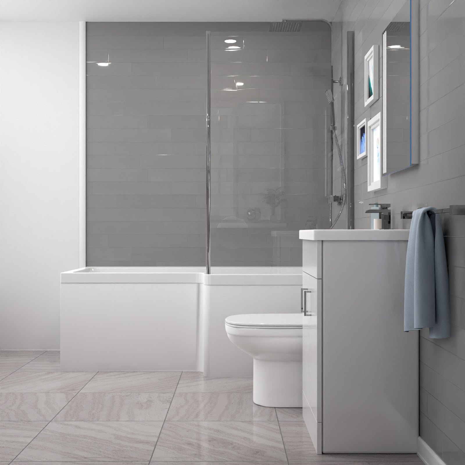 Nanuya L-Shaped Shower Bath with Vanity Unit & Toilet, Taps & Shower