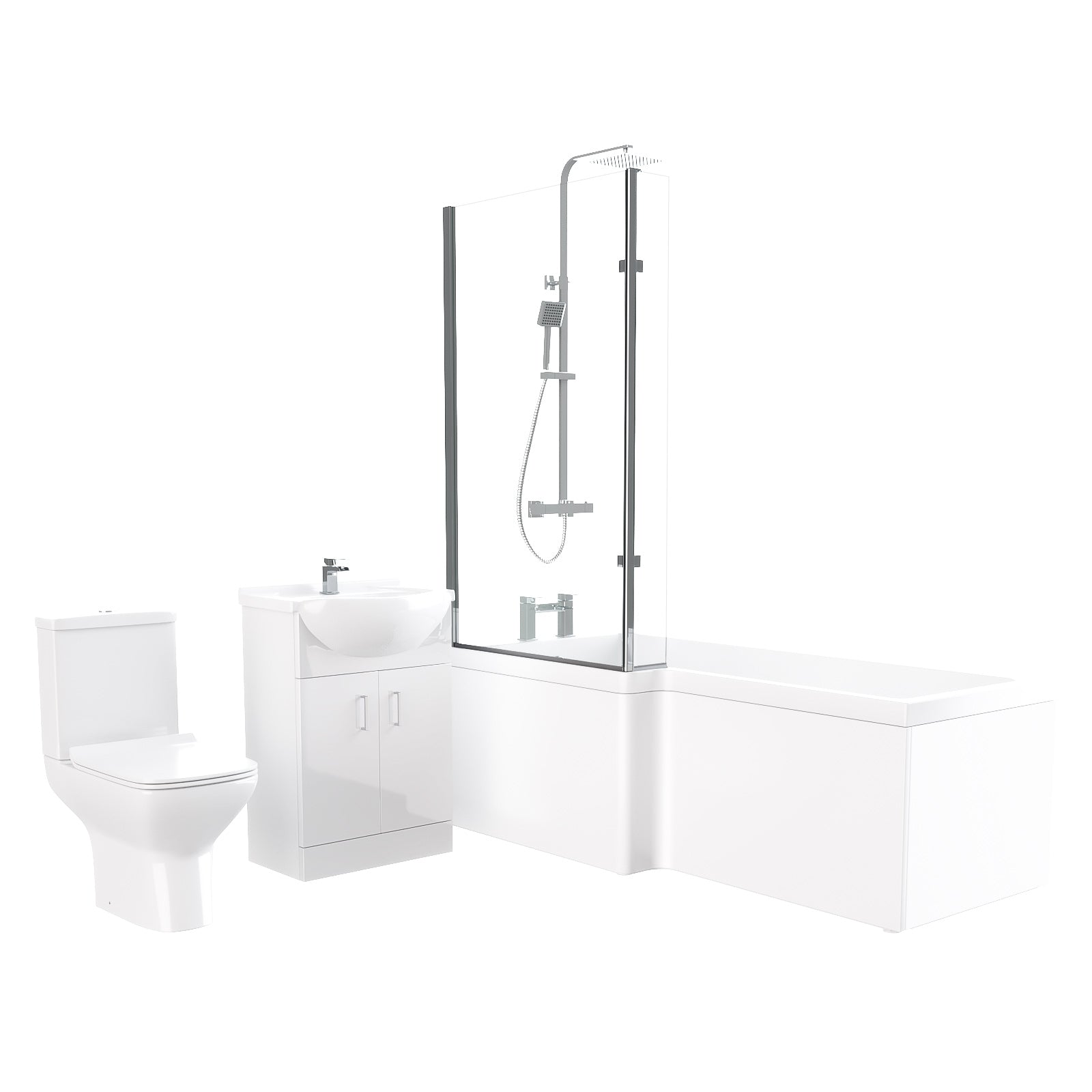 Ellen L-Shaped Shower Bath with Vanity Unit, Rimless Toilet, Taps & Shower