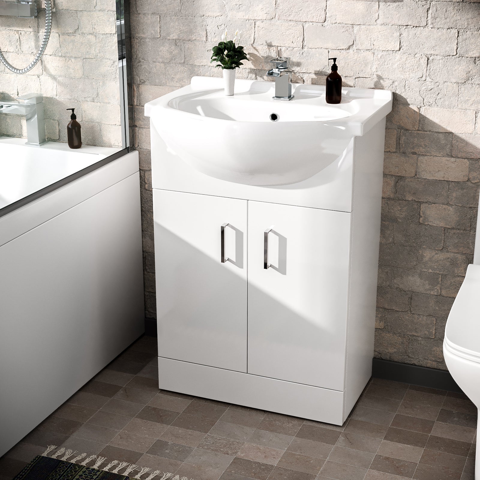 Ellen L-Shaped Shower Bath with Vanity Unit, Rimless Toilet, Taps & Shower