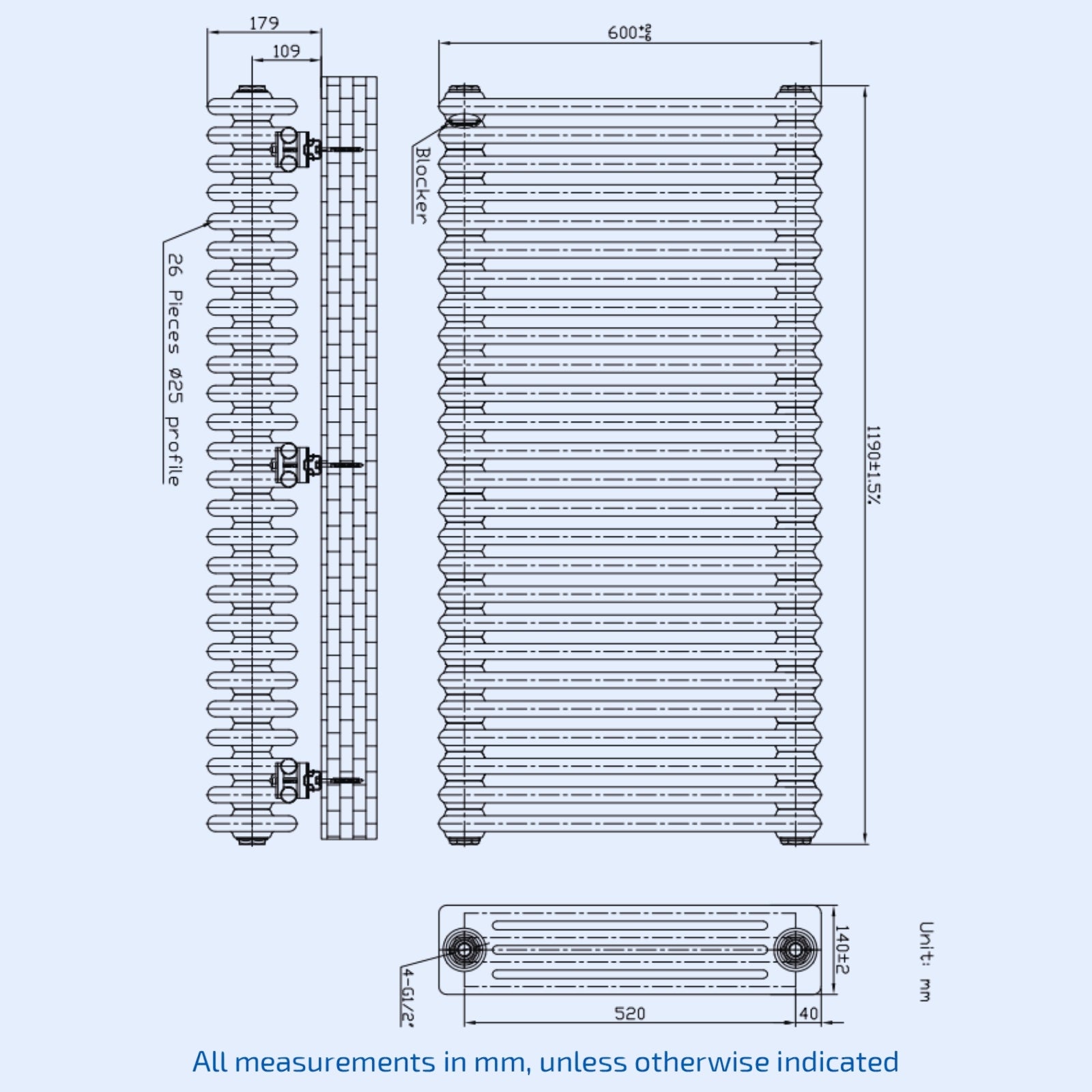 Kartell Laser Klassic 600mm H x 1190mm W White Horizontal 4 Column 26 Section Radiator - LCL406026-N