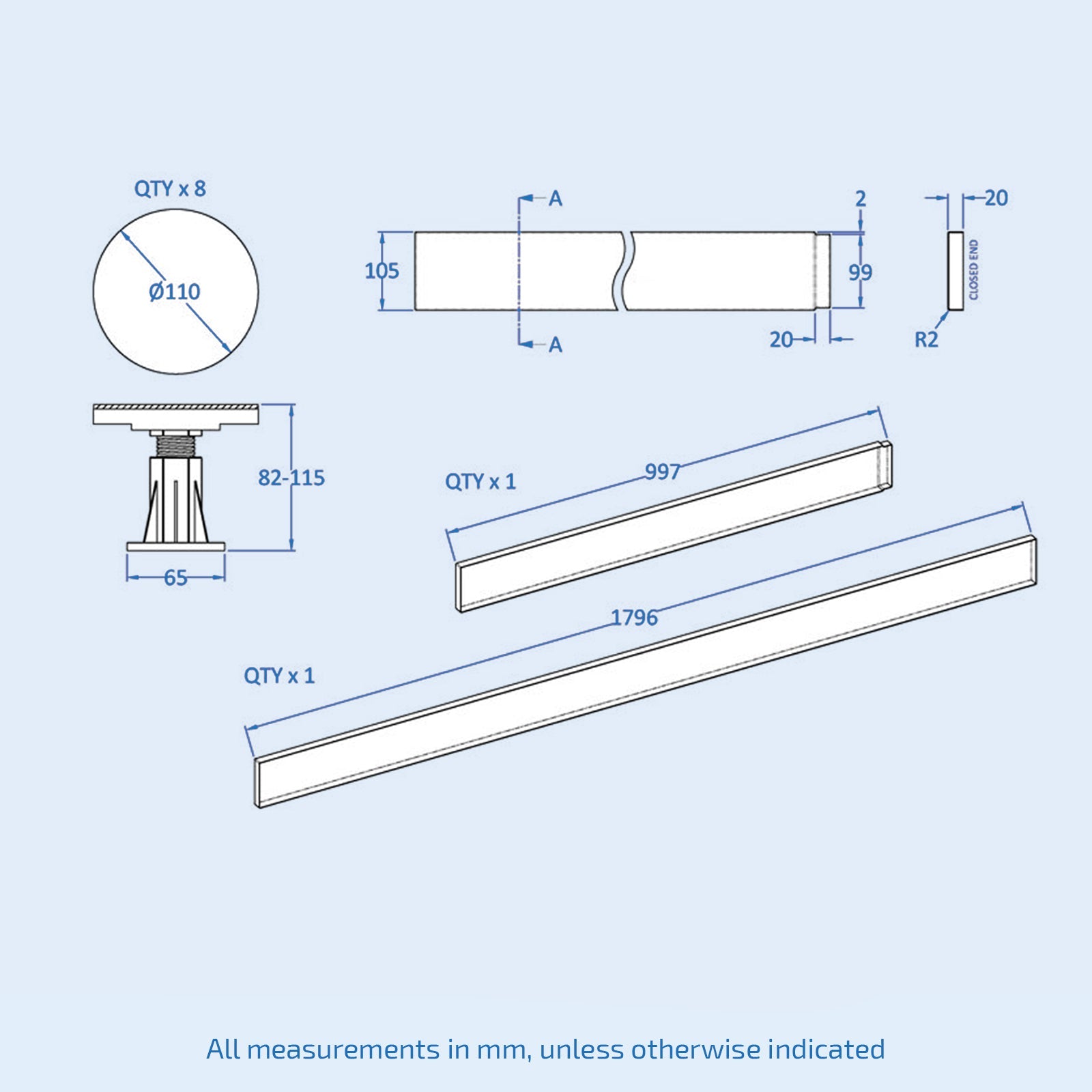 Grey Shower Tray Panel & 8pcs Bath Legs For 1100-1200 Rectangle Tray
