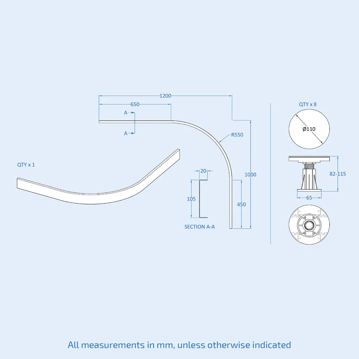 Easy Plumb 1200 x 1000 mm Curved Shower Tray Panel and Leg Set - Suitable for Quadrant & Offset Quadrant Trays