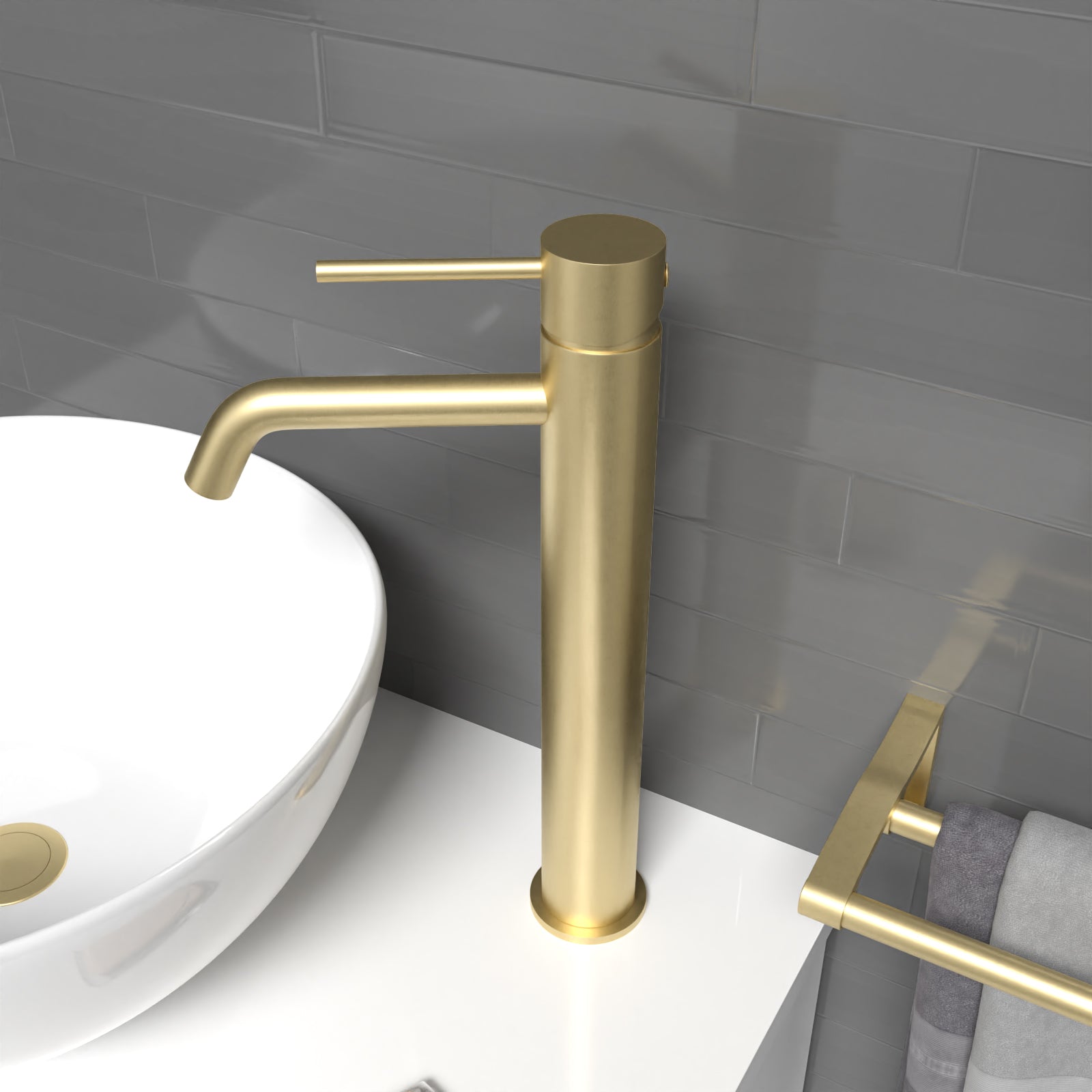 Alice Countertop Brushed Brass Tall Round Single Lever Basin Mono Mixer Tap