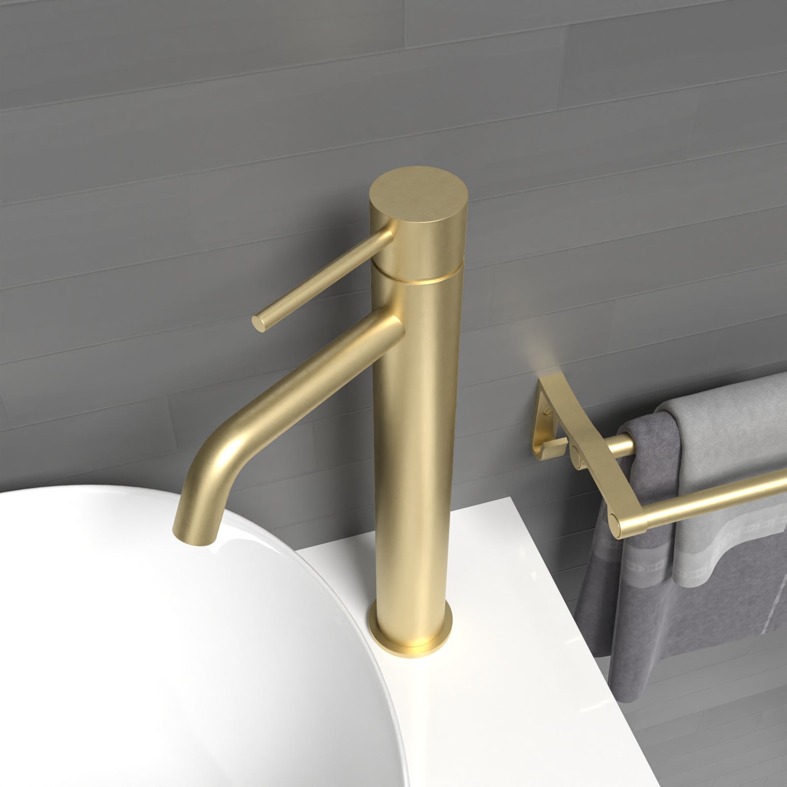 Alice Countertop Brushed Brass Tall Round Single Lever Basin Mono Mixer Tap