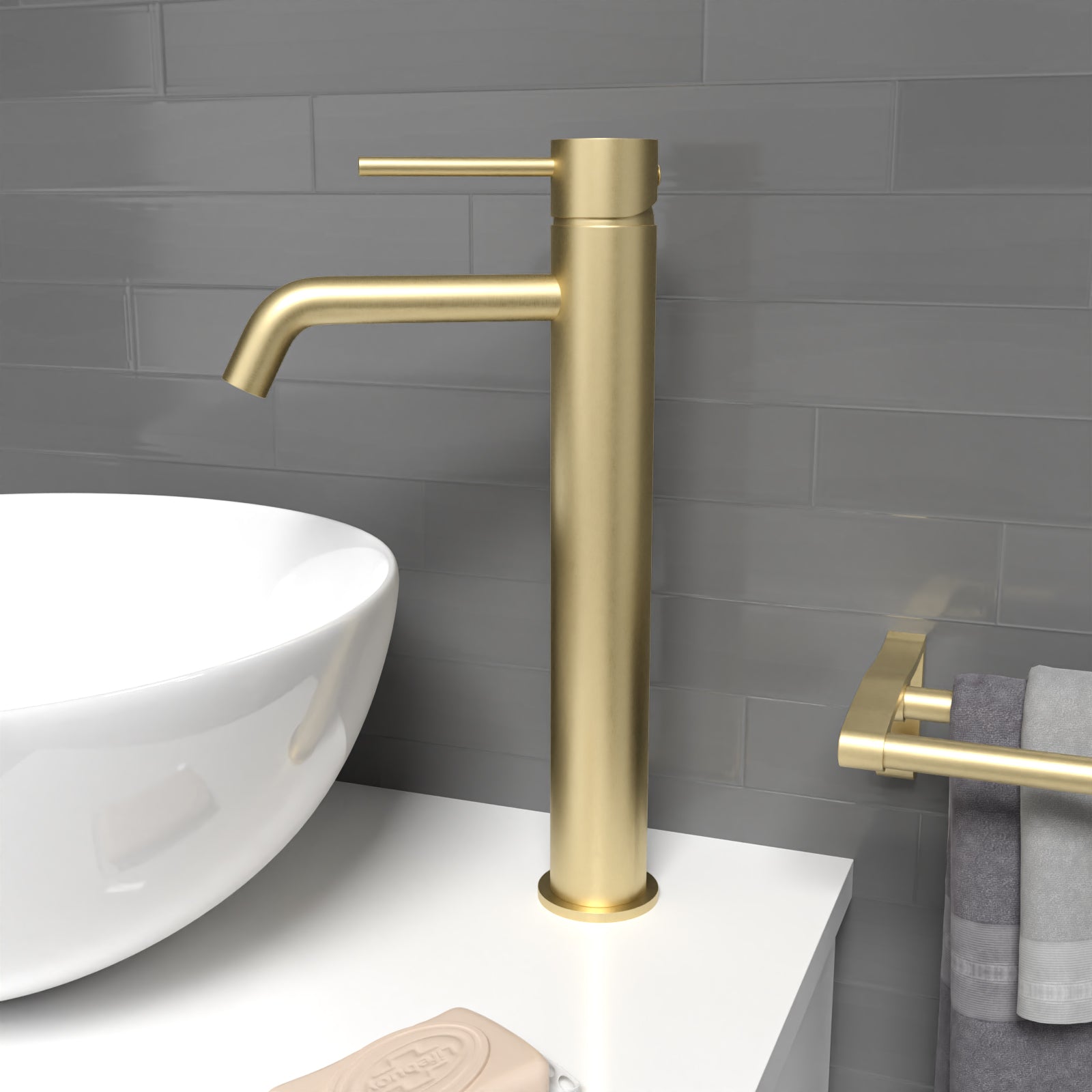 Alice Countertop Brushed Brass Tall Round Single Lever Basin Mono Mixer Tap