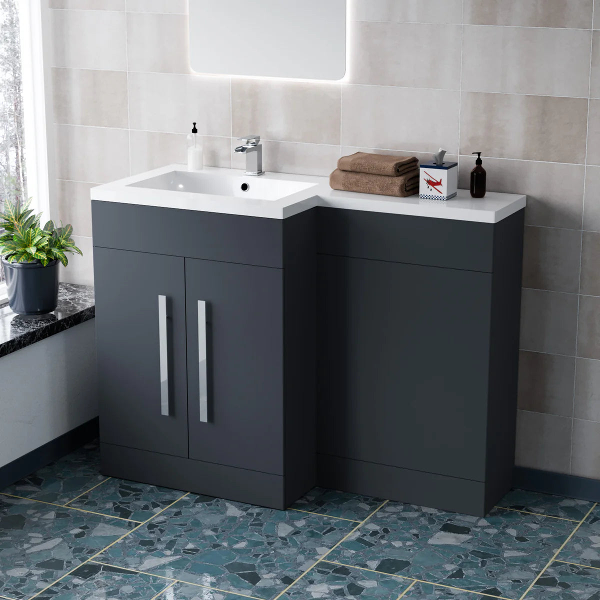 1100mm Left Hand Dark Matte Grey Bathroom Basin Combination Vanity Unit