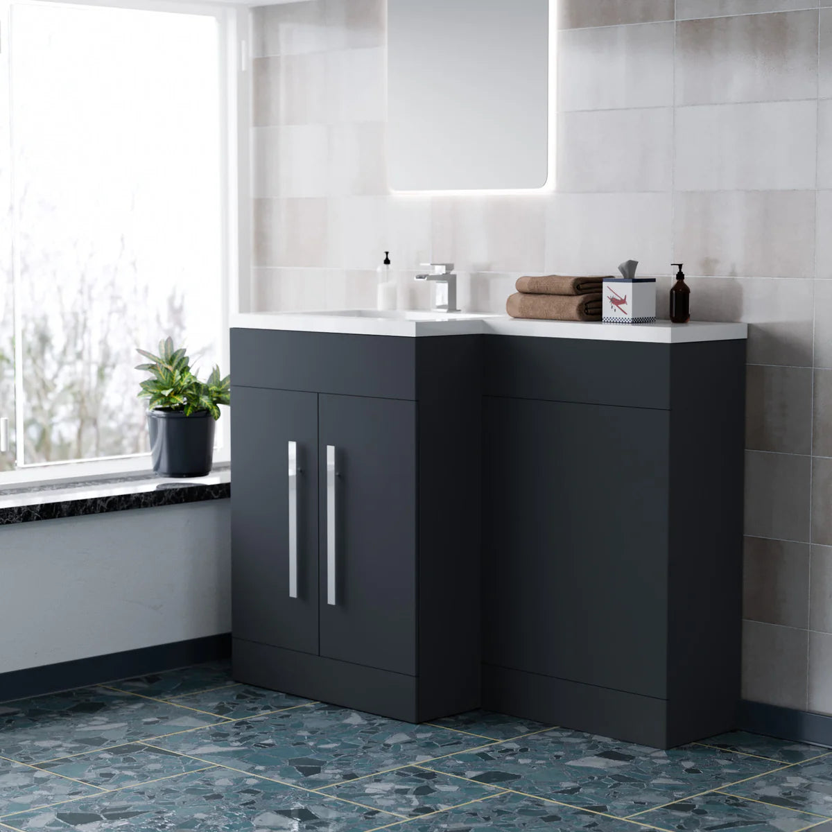 1100mm Left Hand Dark Matte Grey Bathroom Basin Combination Vanity Unit
