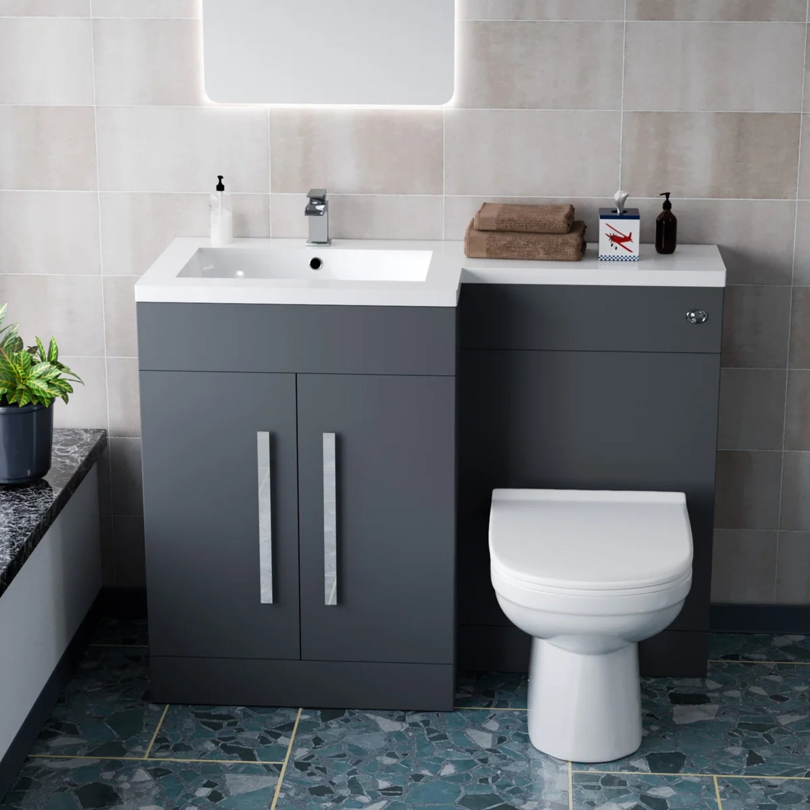 1100mm Left Hand Matte Dark Grey Basin Vanity WC Unit & Toilet Set