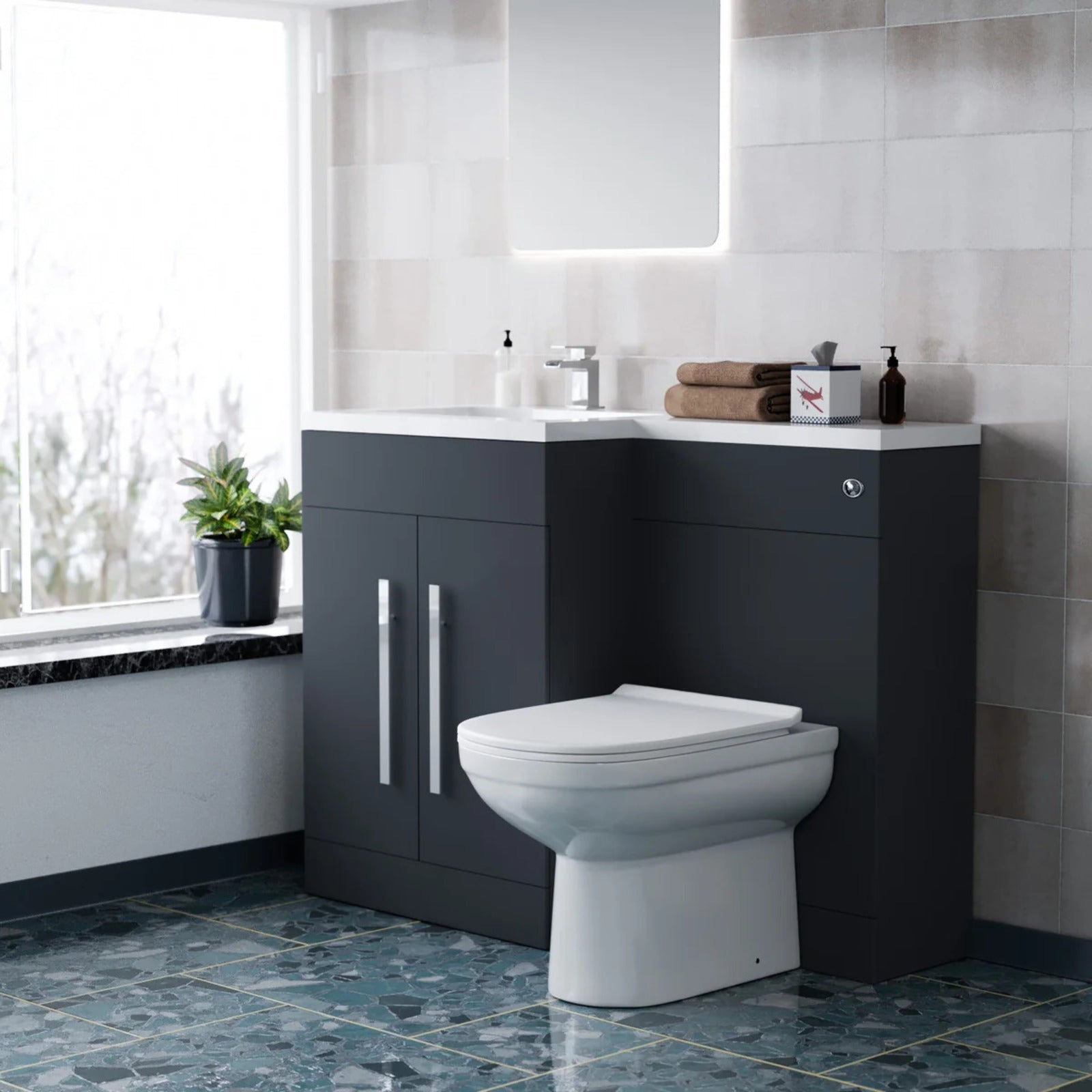 1100mm Left Hand Matte Dark Grey Basin Vanity WC Unit & Toilet Set