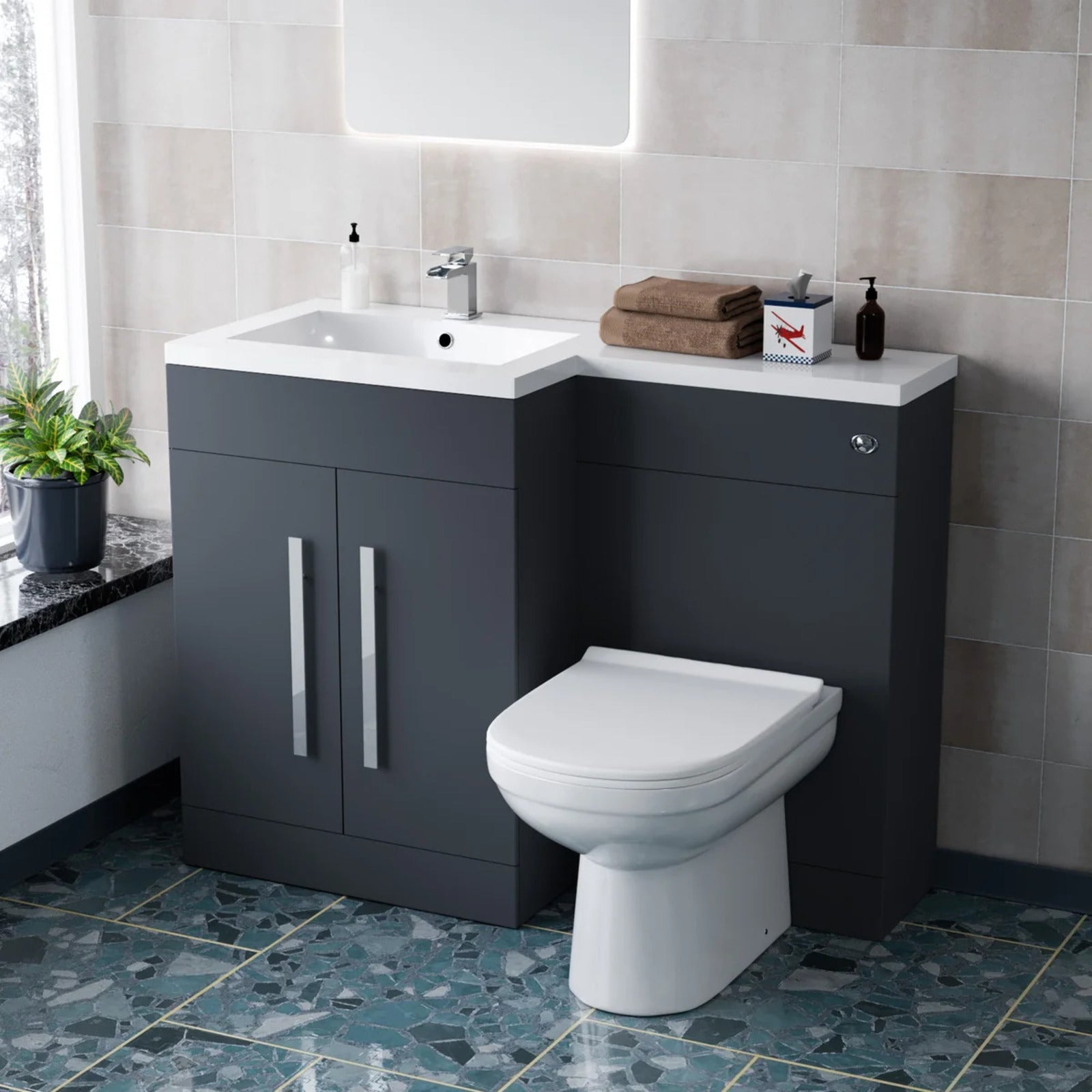 1100mm Left Hand Matte Dark Grey Basin Vanity WC Unit & Toilet Set