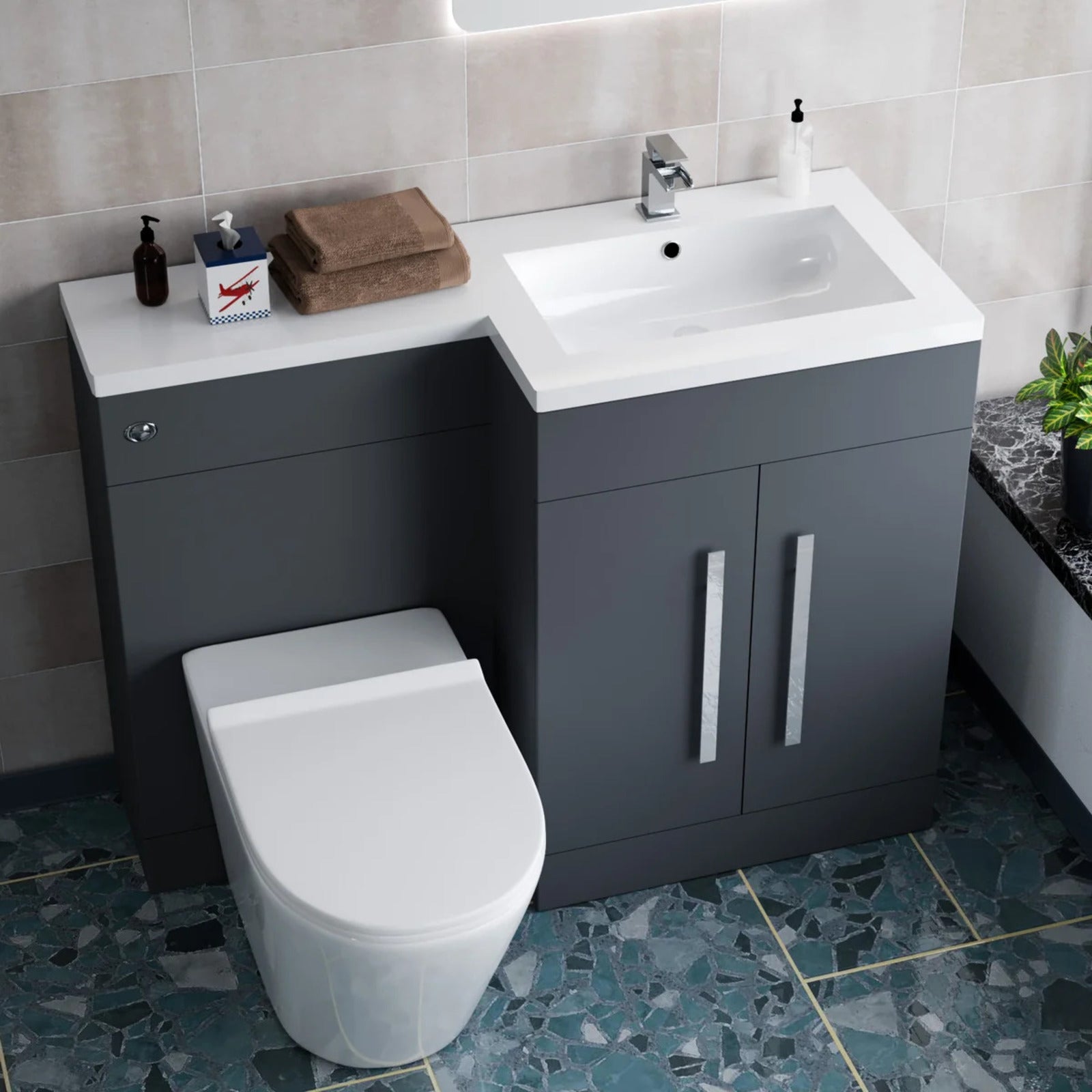 1100mm RH Matte Dark Grey Basin Vanity WC Unit & Back To Wall Toilet