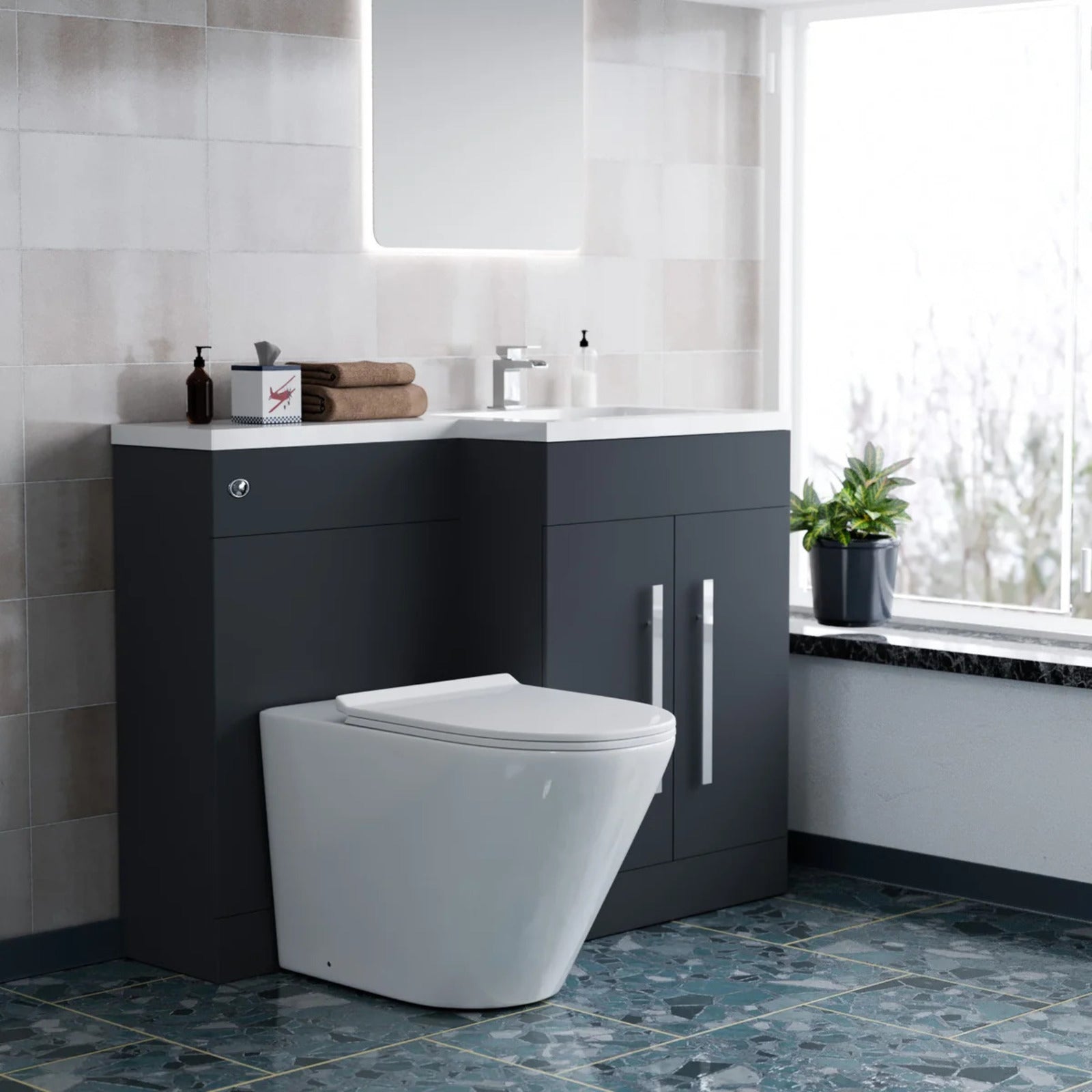 1100mm RH Matte Dark Grey Basin Vanity WC Unit & Back To Wall Toilet
